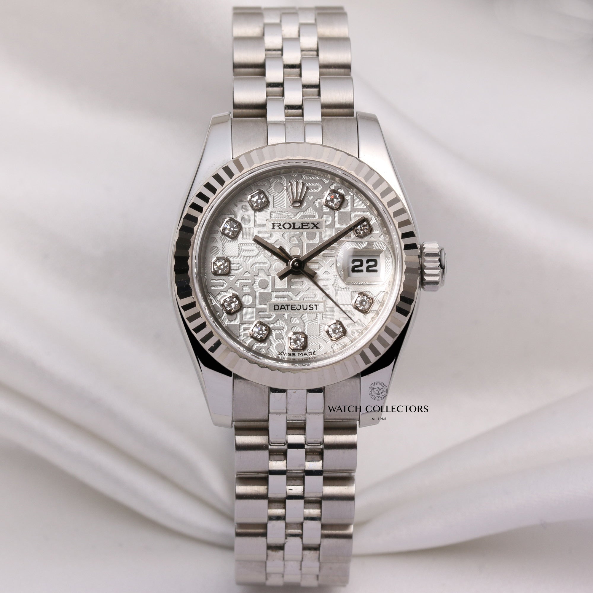 Rolex-Lady-DateJust-179174-Stainless-Steel-Jubilee-Diamond-Dial-Second-Hand-Watch-Collectors-1