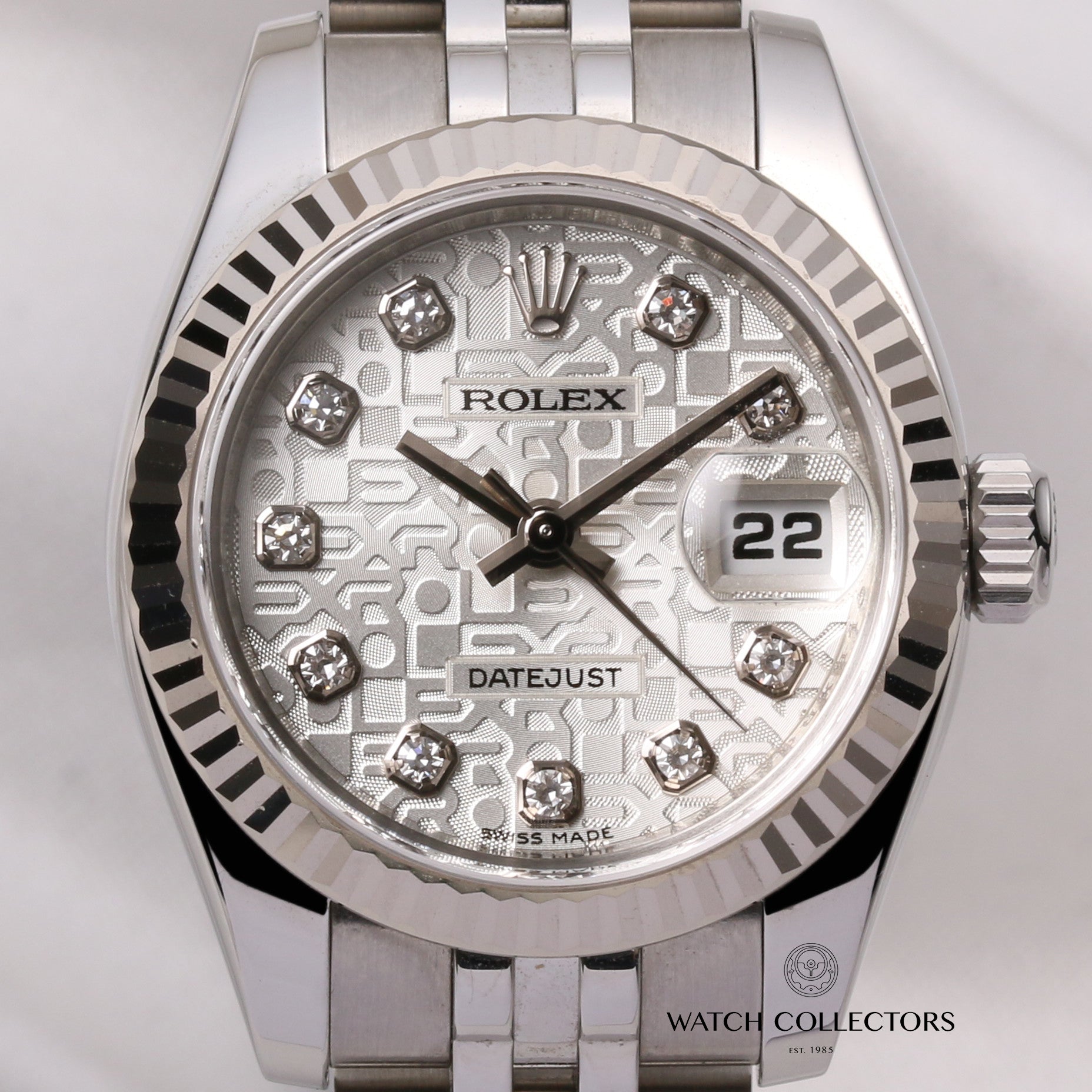 Rolex-Lady-DateJust-179174-Stainless-Steel-Jubilee-Diamond-Dial-Second-Hand-Watch-Collectors-2