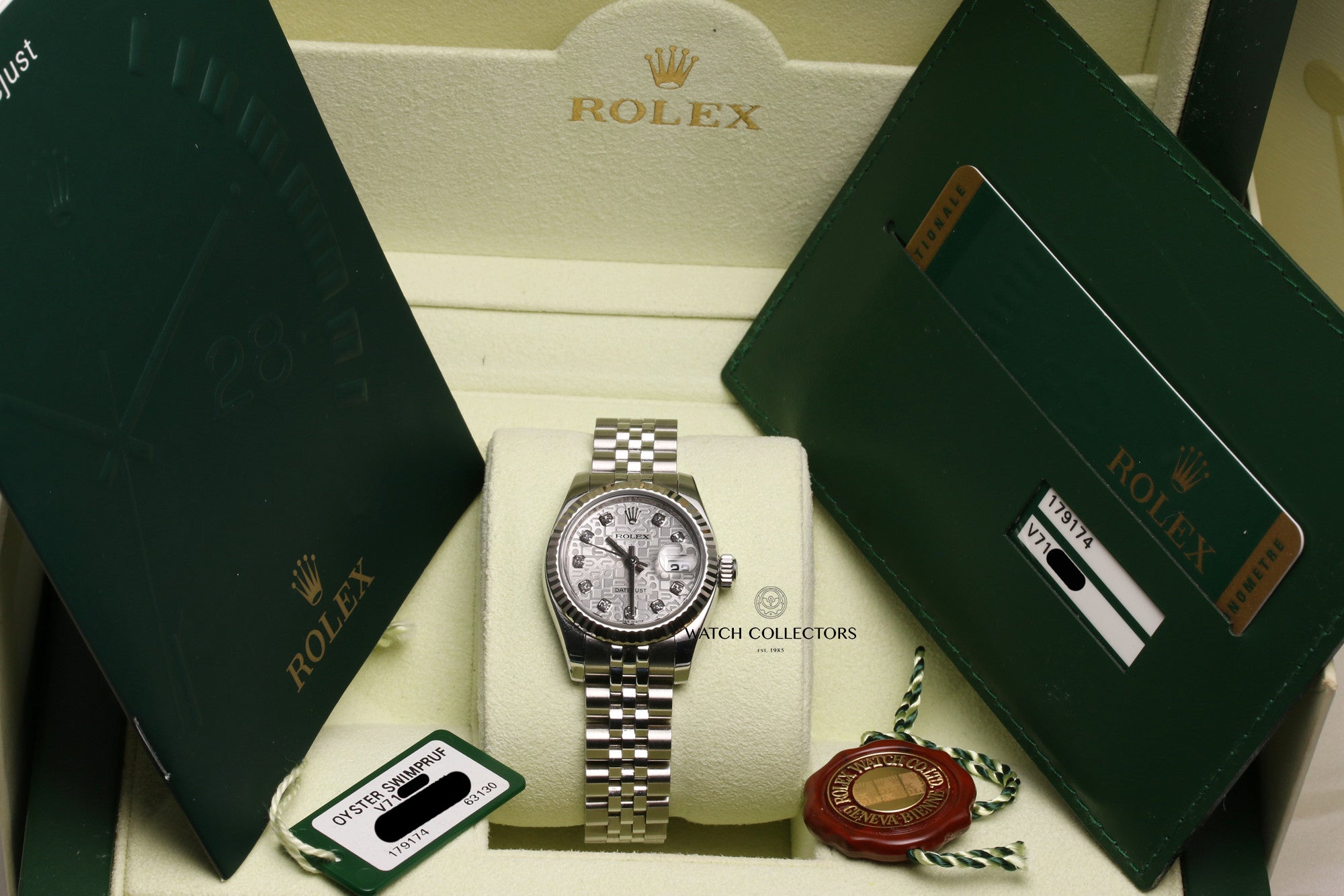 Rolex-Lady-DateJust-179174-Stainless-Steel-Jubilee-Diamond-Dial-Second-Hand-Watch-Collectors-9