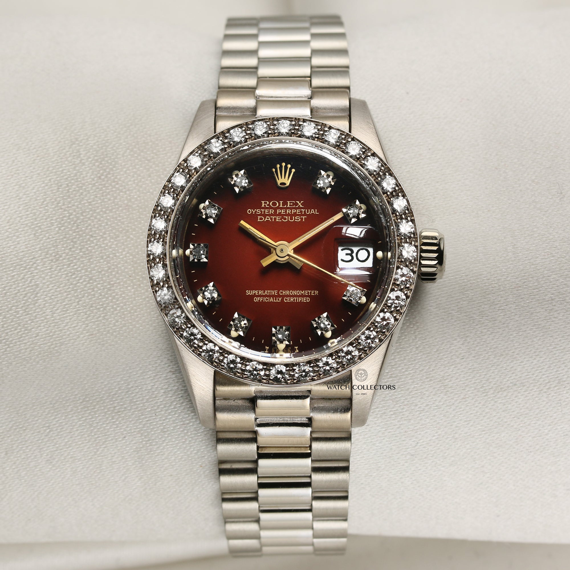 Rolex Lady DateJust 18K White Gold Red Vingette Dial Diamond Bezel Second Hand Watch Collectors 1