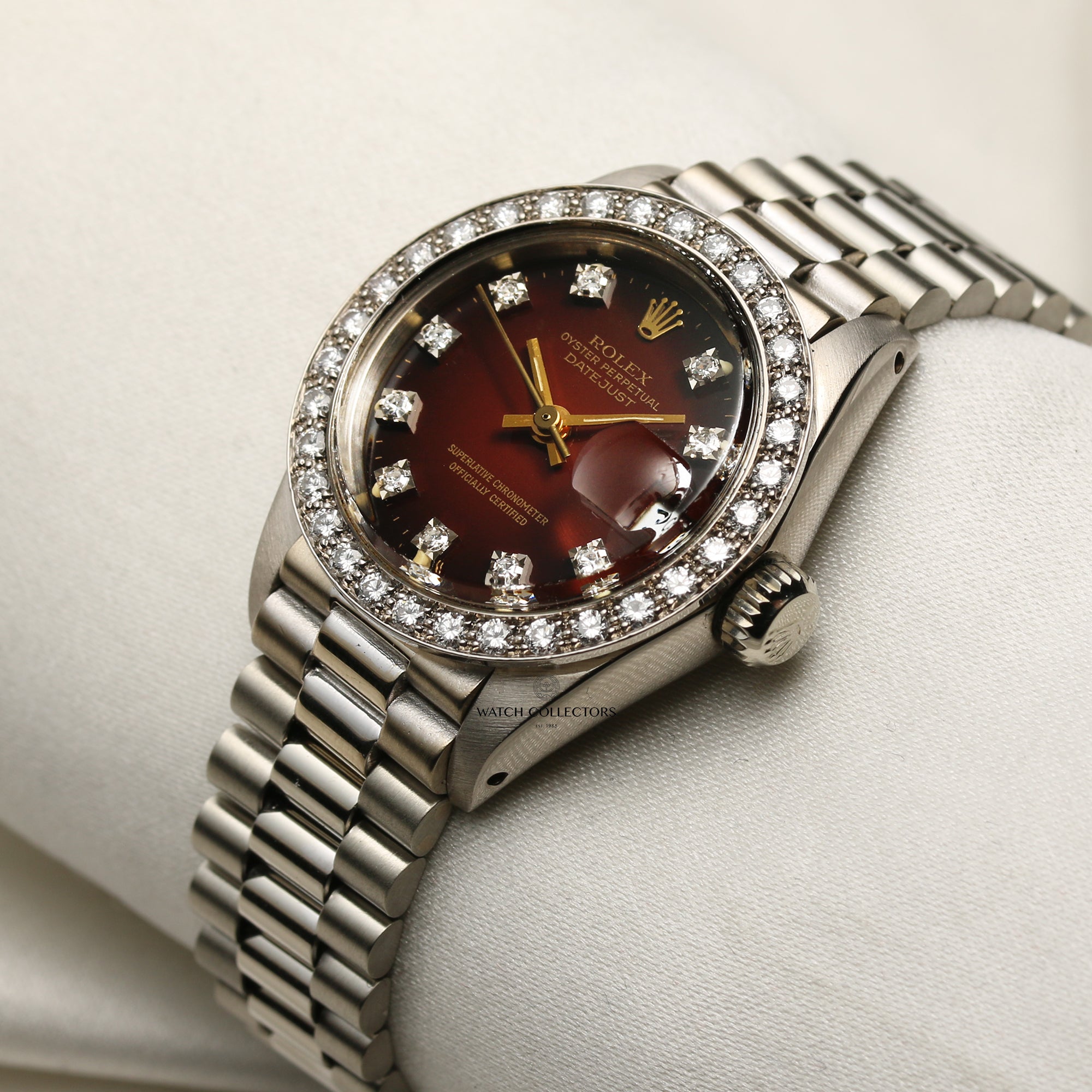 Rolex Lady DateJust 18K White Gold Red Vingette Dial Diamond Bezel Second Hand Watch Collectors 3