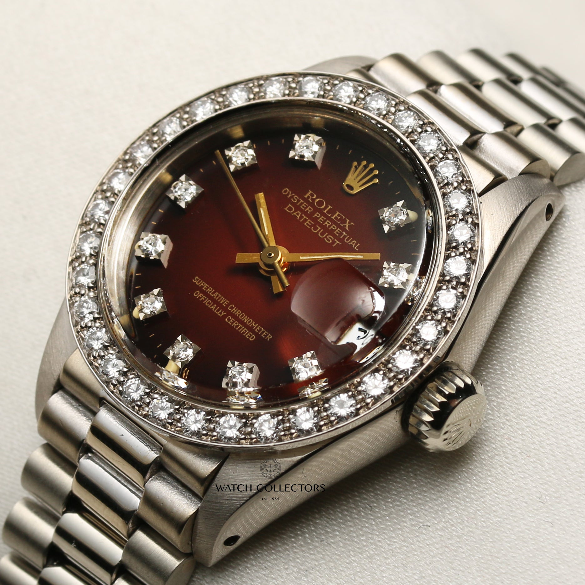 Rolex Lady DateJust 18K White Gold Red Vingette Dial Diamond Bezel Second Hand Watch Collectors 4