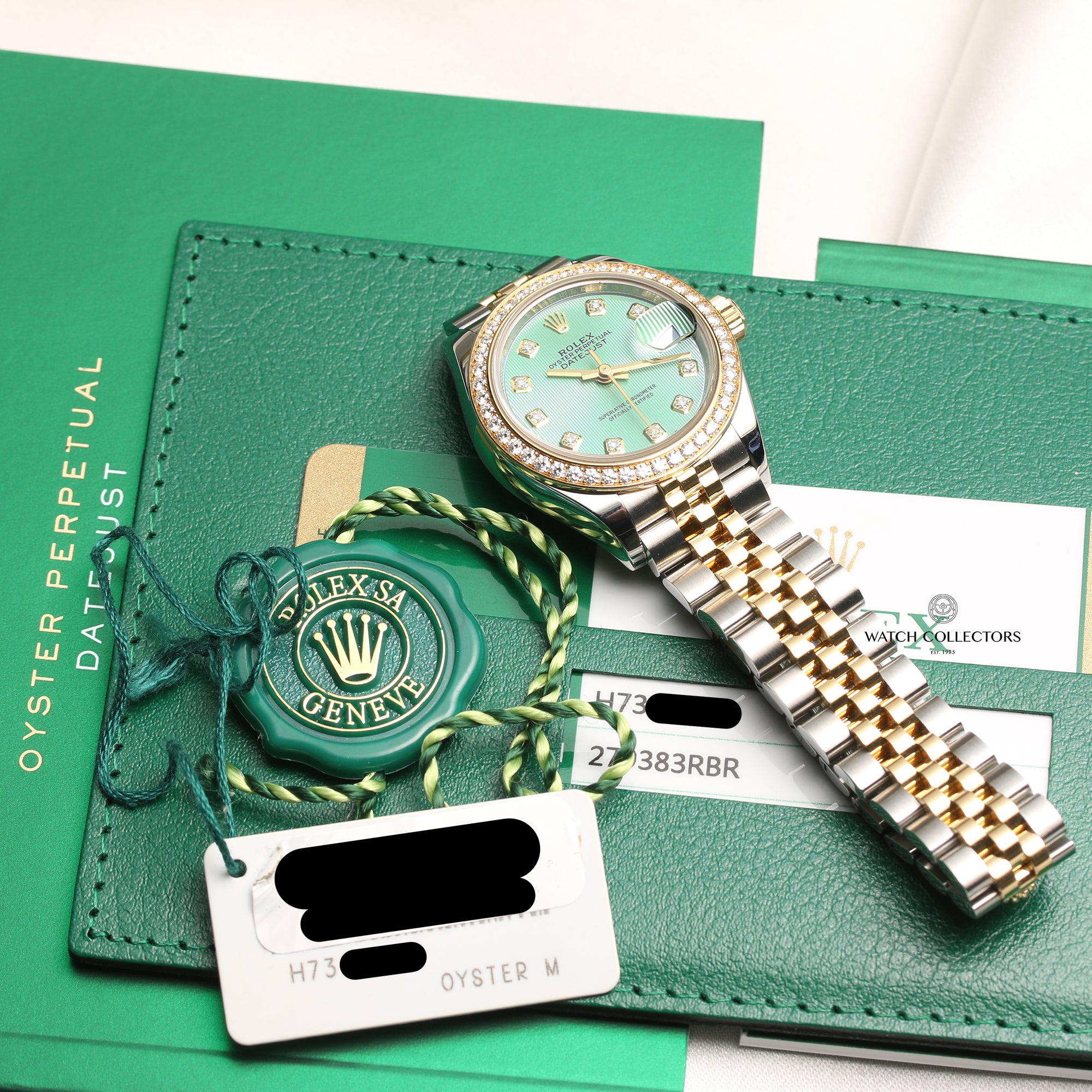 Rolex Lady DateJust 279383RBR Diamond Bezel & Mint Green Tapestry Dial Steel & Gold Second Hand Watch Collectors 10