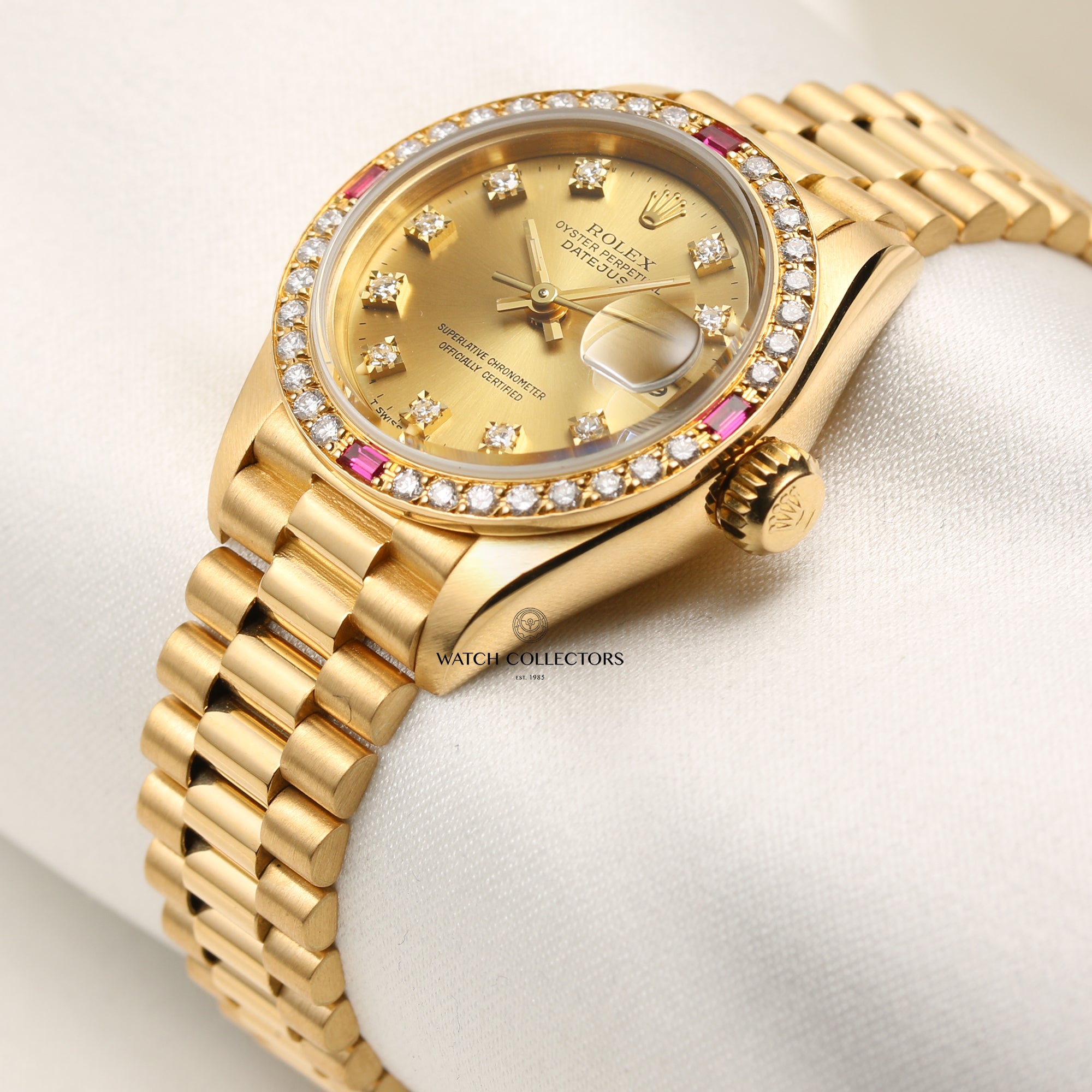 Rolex Lady DateJust 69068 Diamond Dial & Ruby Bezel 18K Yellow Gold Second Hand Watch Collectors 3
