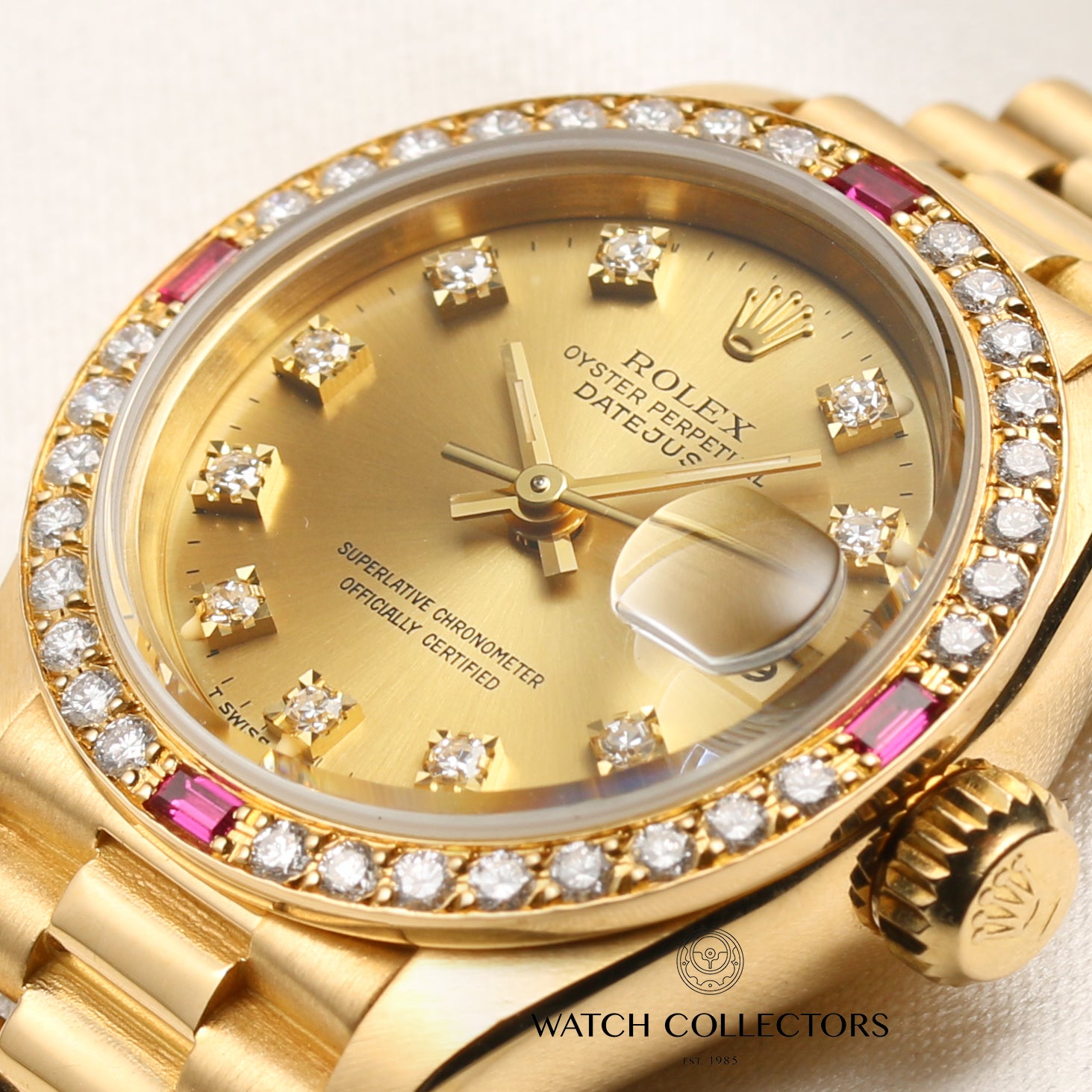 Rolex Lady DateJust 69068 Diamond Dial & Ruby Bezel 18K Yellow Gold Second Hand Watch Collectors 4