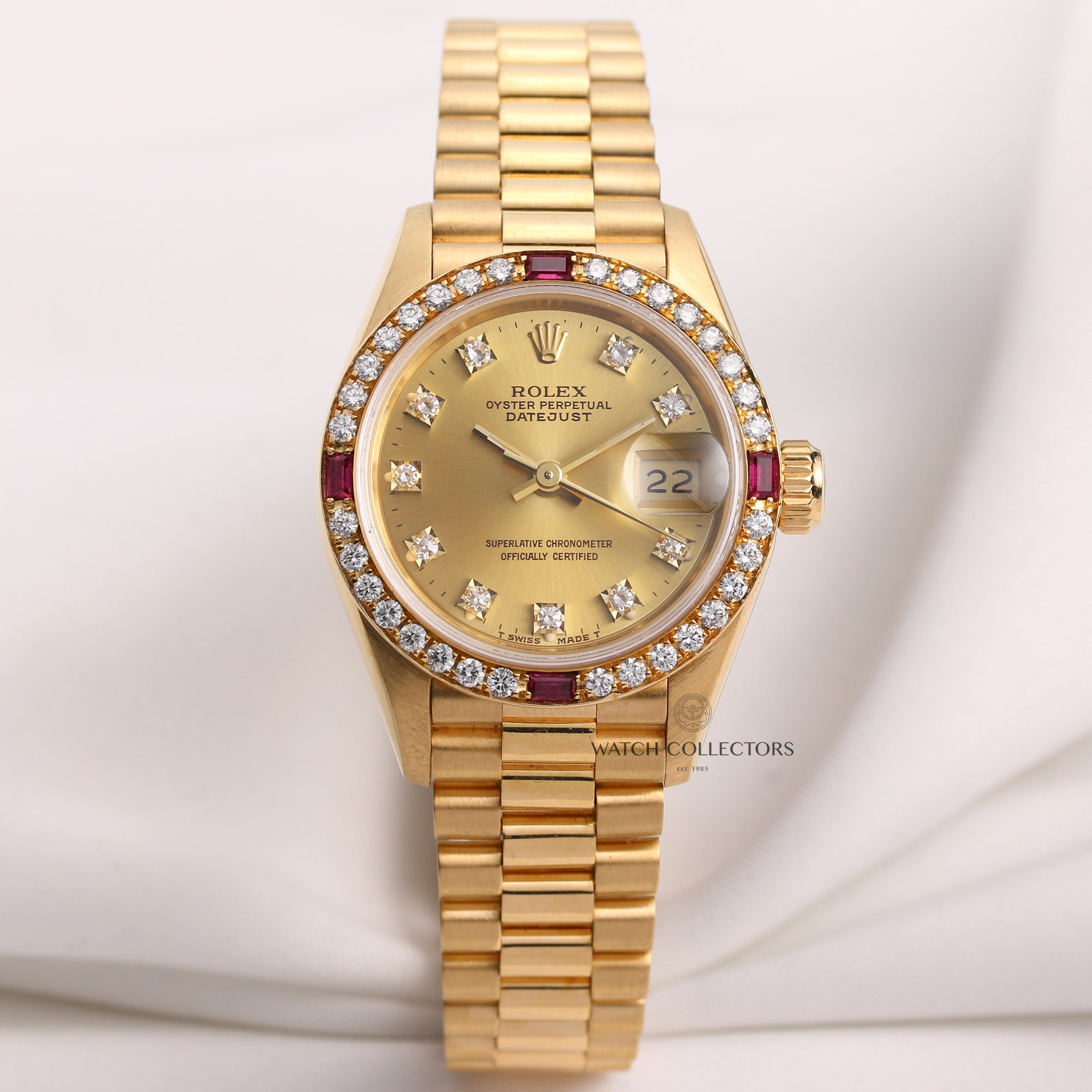 Rolex-Lady-DateJust-69068-Diamond-Ruby-18K-Yellow-Gold-Second-Hand-Watch-Collectors-1