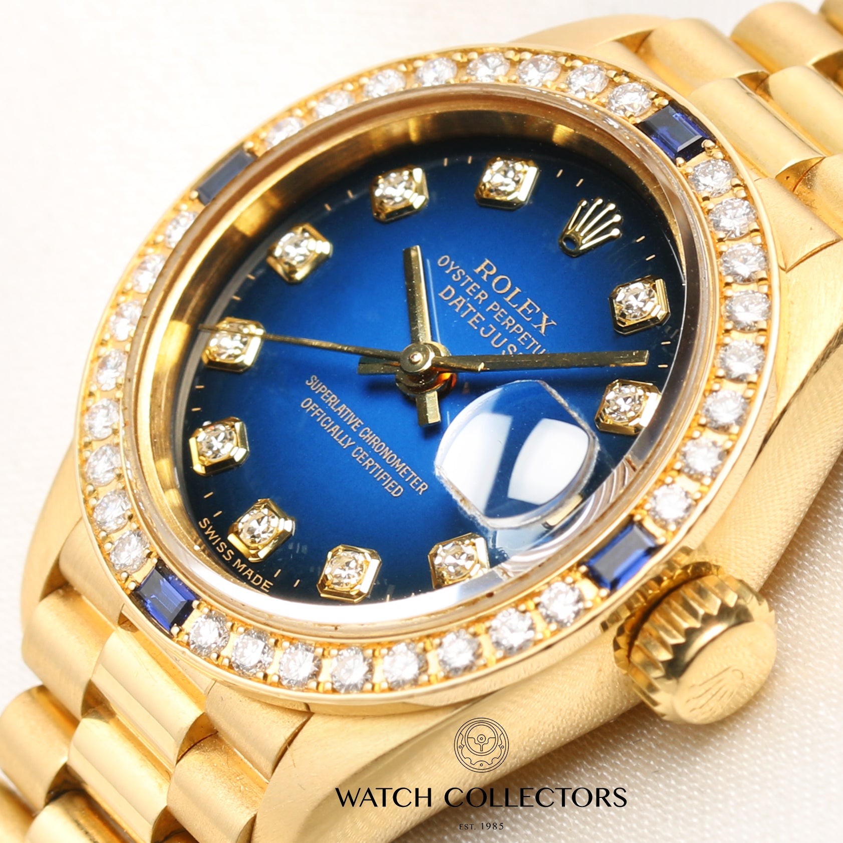 Rolex Lady DateJust 69068 Diamond & Sapphire Bezel Vingette Degrading Degrade Dial Crown Collection 18K Yellow Gold Second Hand Watch Collectors 6