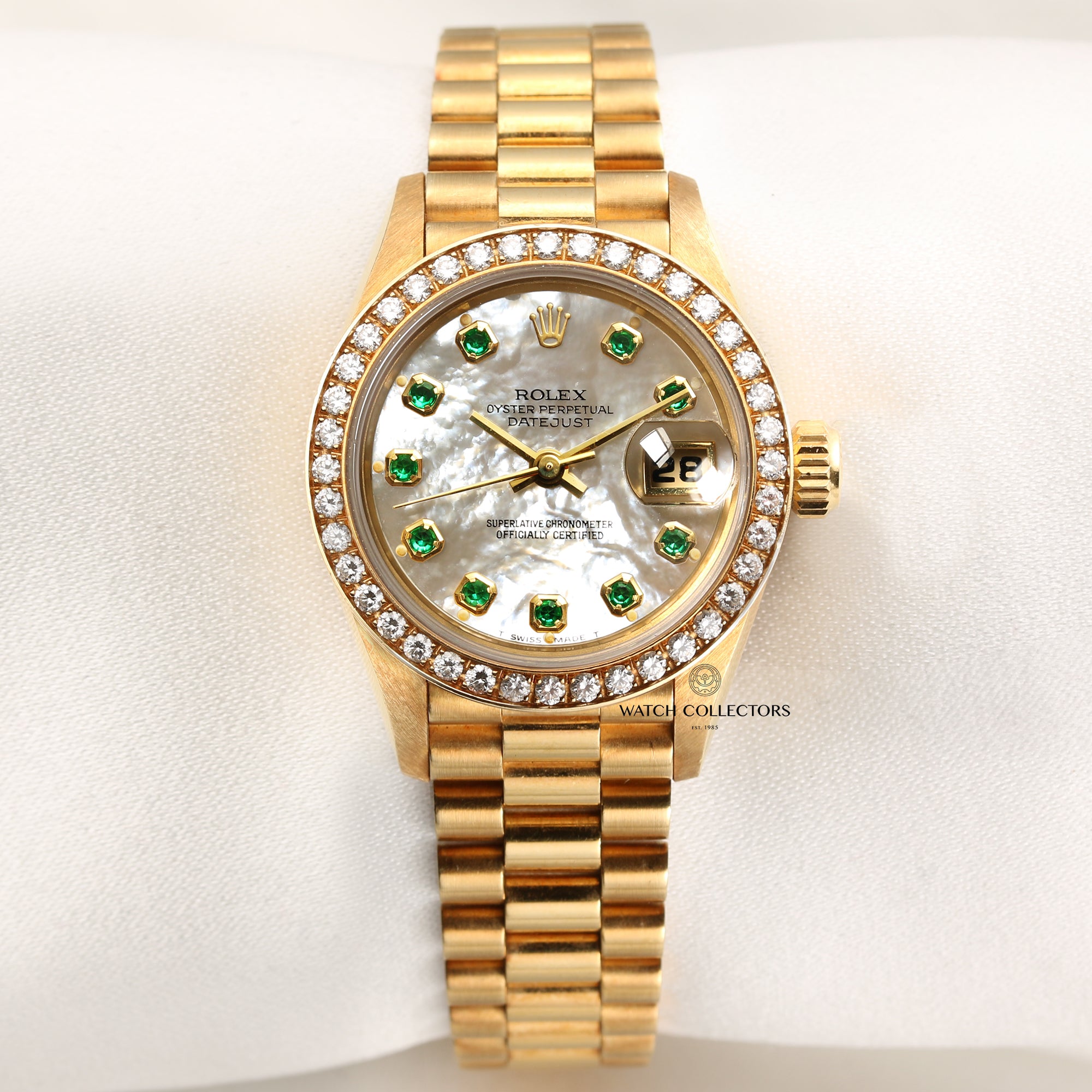 Rolex Lady DateJust 69138 18K Yellow Gold Diamond Bezel MOP Emerald Dial Second Hand Watch Collectors 1