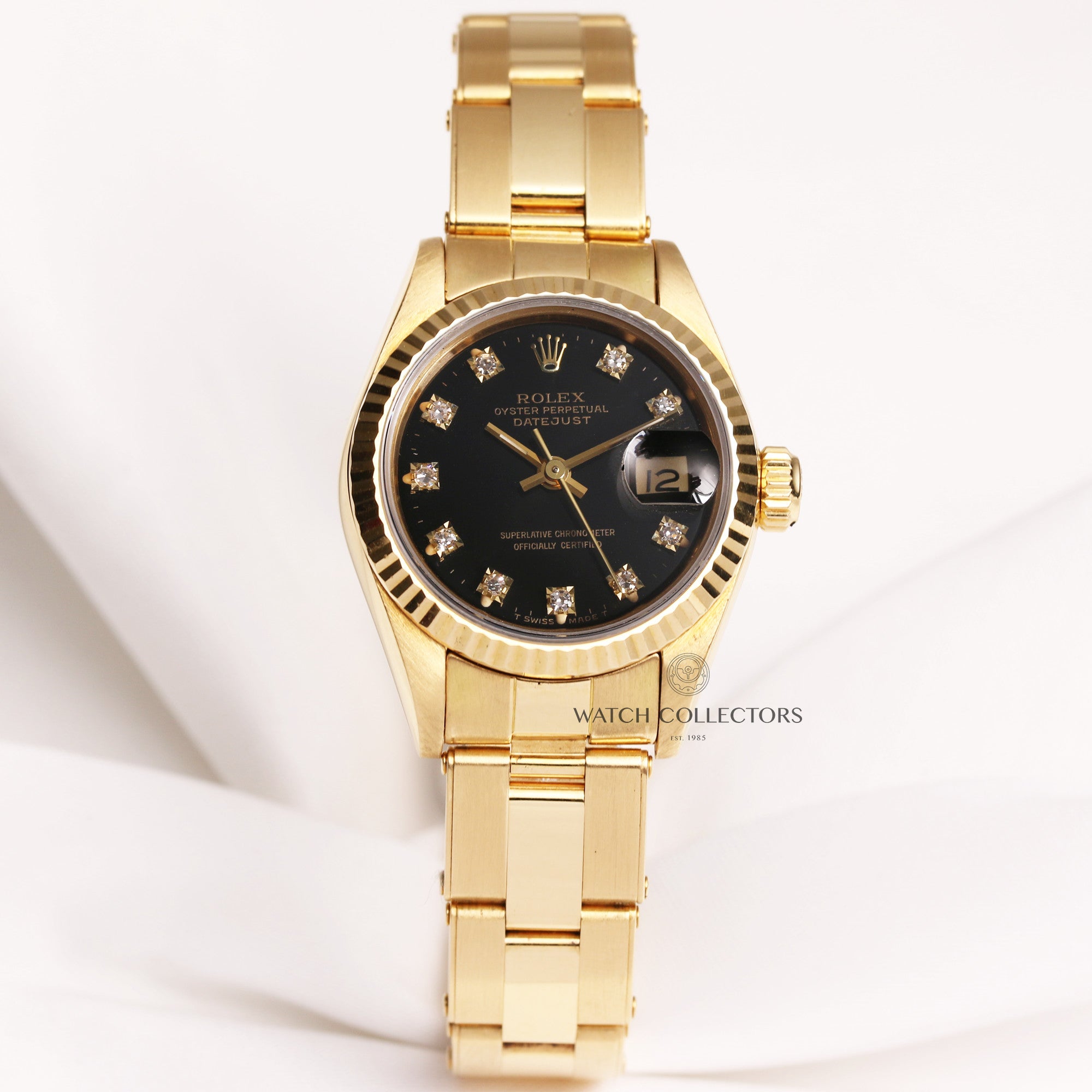 Rolex-Lady-DateJust-69138-Diamond-Black-Dial-18K-Yellow-Gold-Second-Hand-Watch-Collectors-1