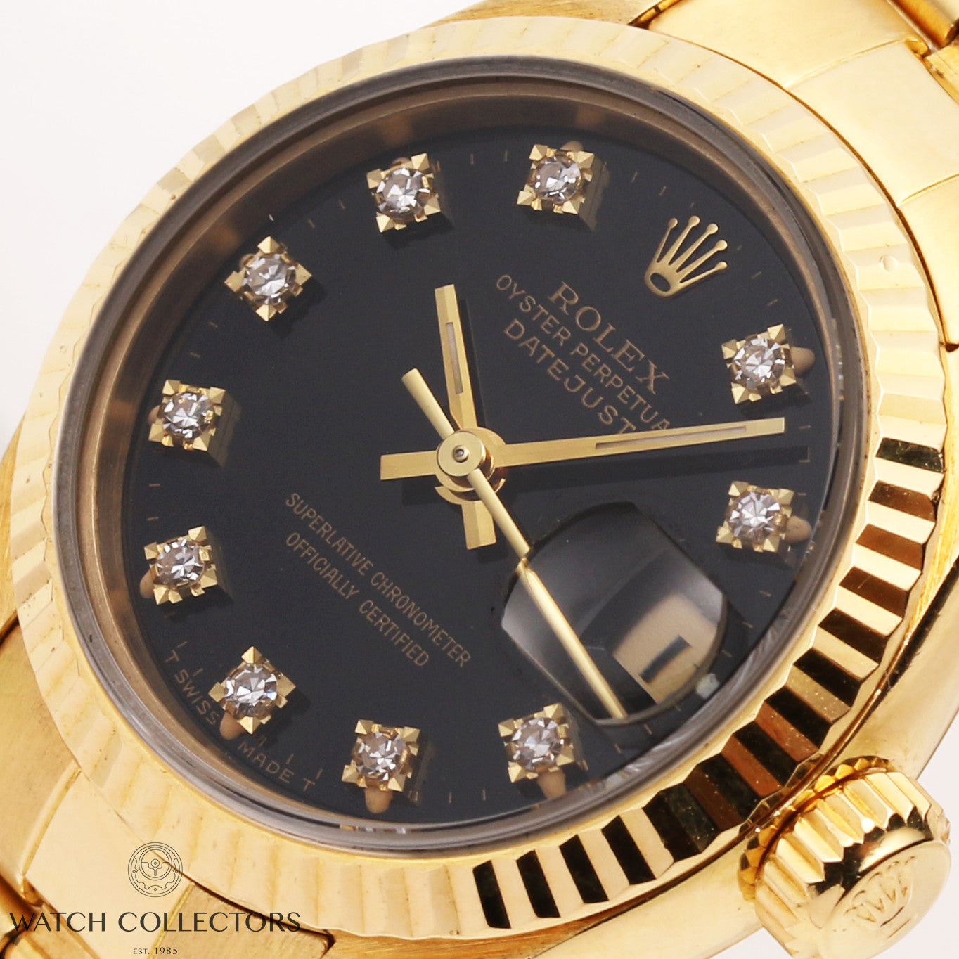 Rolex-Lady-DateJust-69138-Diamond-Black-Dial-18K-Yellow-Gold-Second-Hand-Watch-Collectors-4