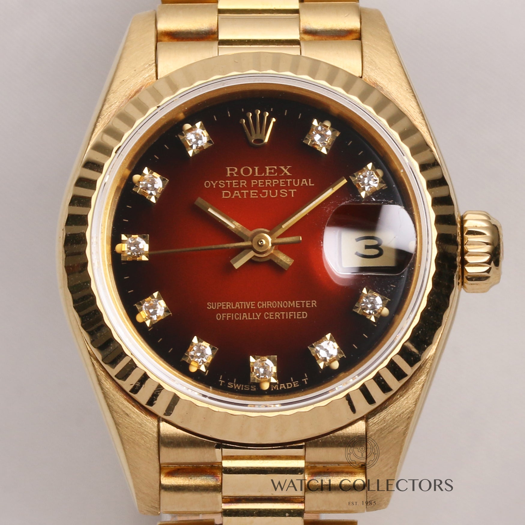 Rolex-Lady-DateJust-69178-Red-Degrading-Diamond-Dial-18K-Yellow-Second-Hand-Watch-Collectors-2