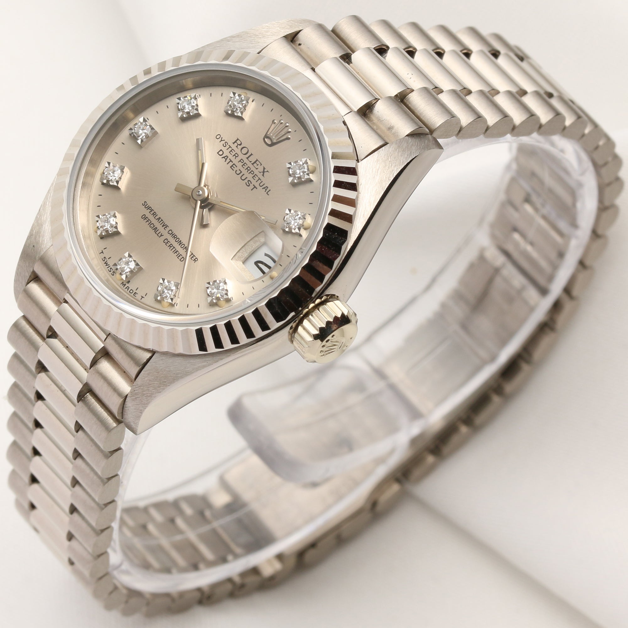 Rolex Lady DateJust 69179 18K White Gold Silver Diamond Dial Second Hand Watch Collectors 3