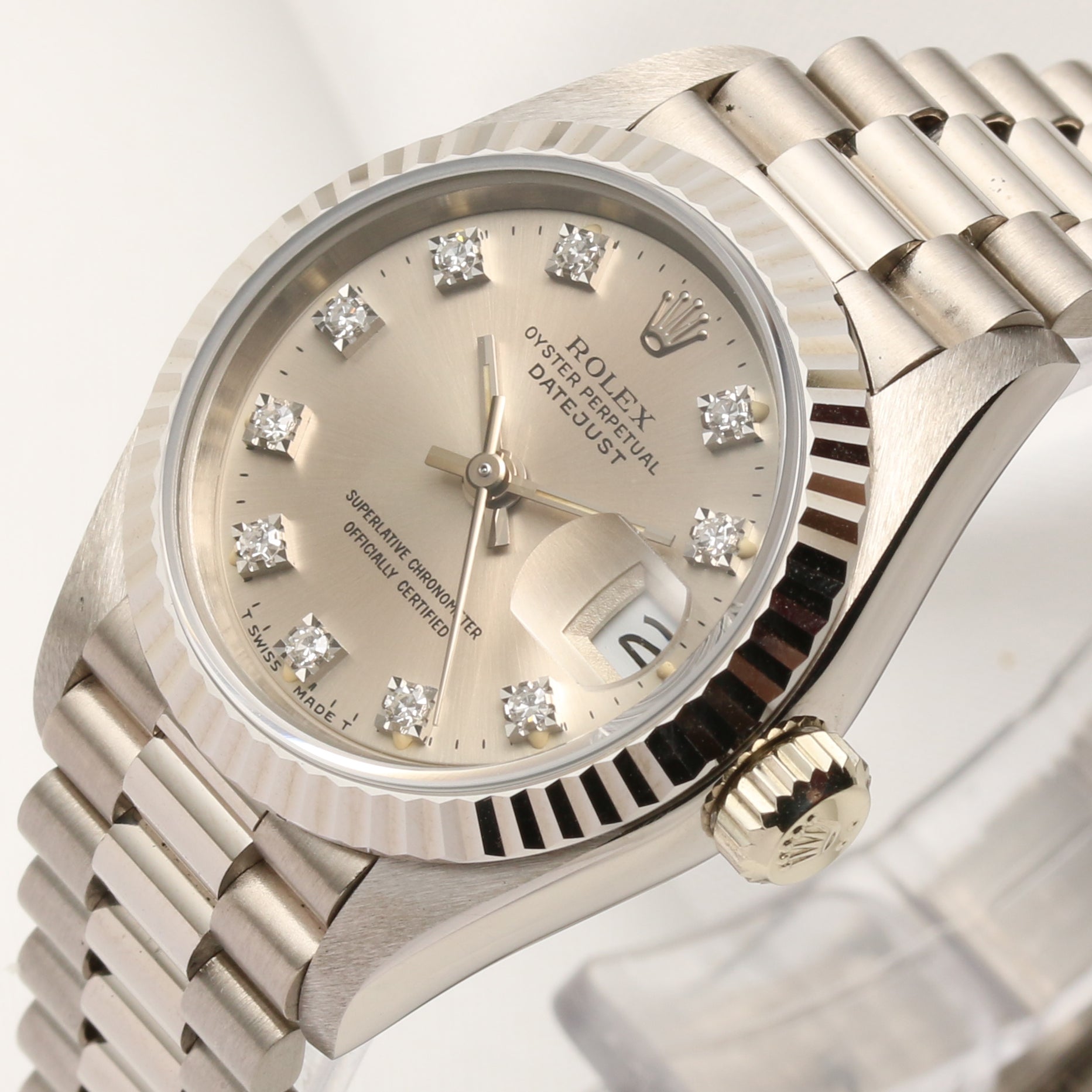 Rolex Lady DateJust 69179 18K White Gold Silver Diamond Dial Second Hand Watch Collectors 4