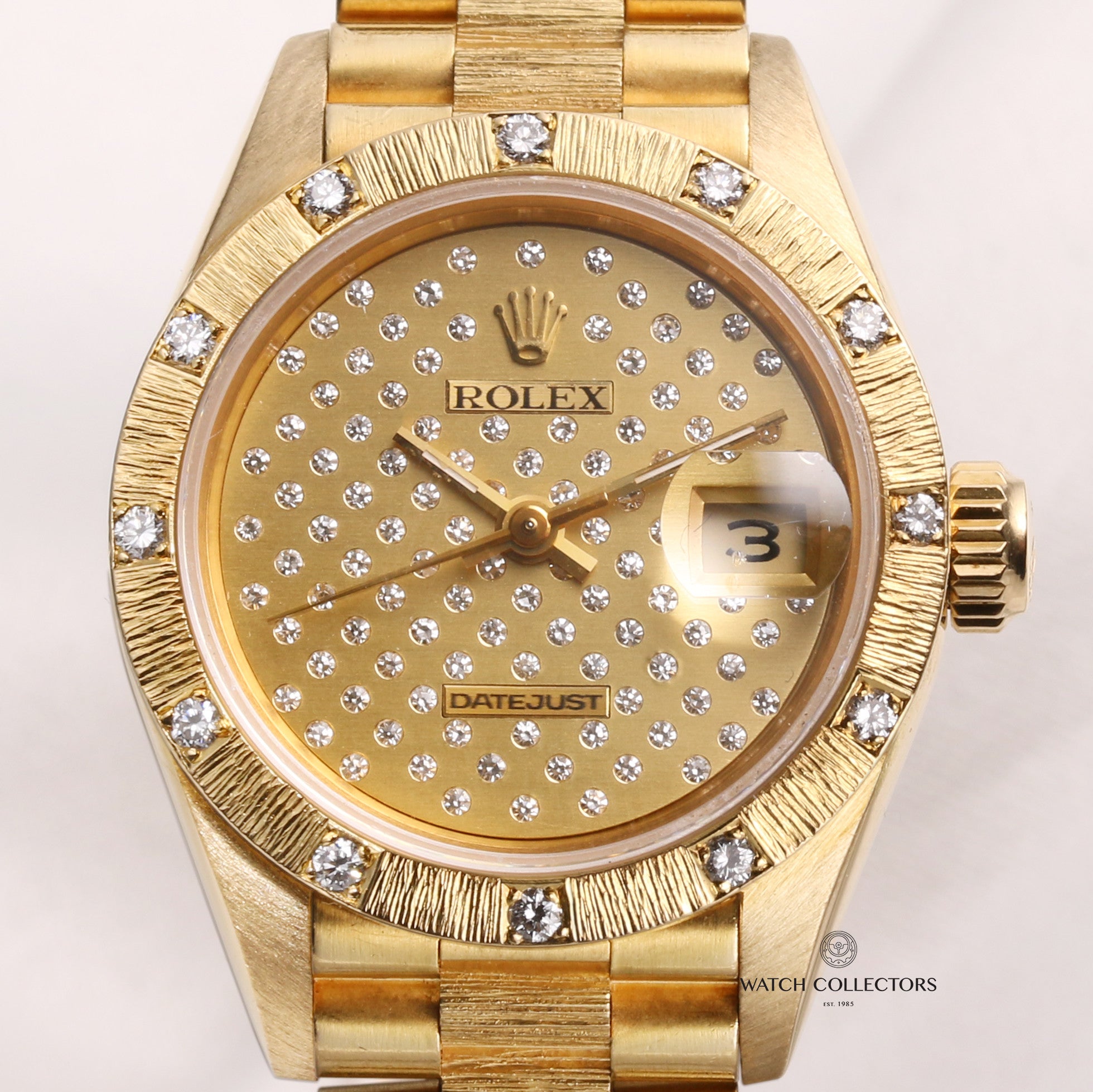 Rolex Lady DateJust 69288 18K Yellow Gold Bark President Bracelet Star Pave Dial Second Hand Watch Collectors 2