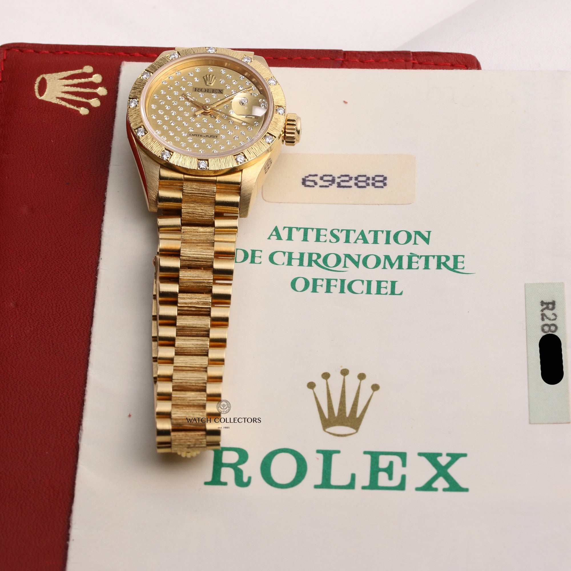 Rolex Lady DateJust 69288 18K Yellow Gold Bark President Bracelet Star Pave Dial Second Hand Watch Collectors 8