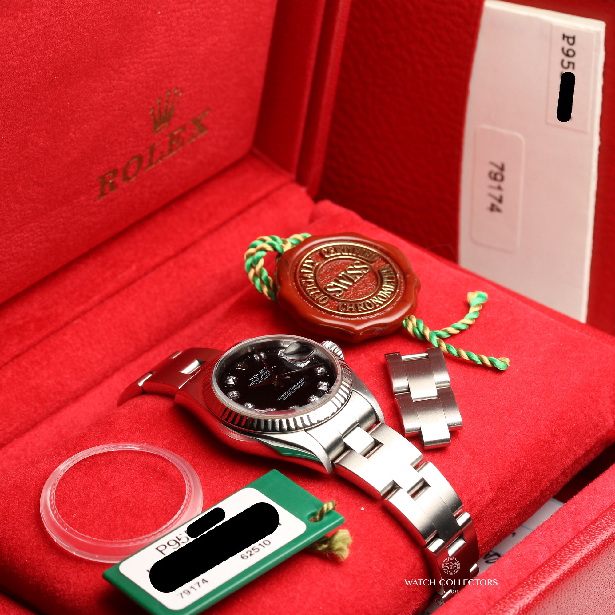 Rolex Lady DateJust 79174 Stainless Steel 18K White Gold Bezel Black Diamond Dial Second Hand Watch Collectors 9