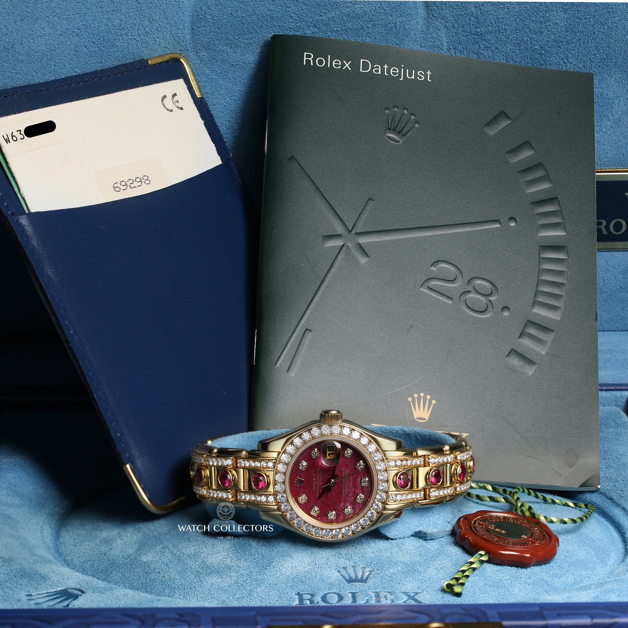 Rolex Lady DateJust Pearlmaster 18K Yellow Gold Rubellite Diamond Dial and Bezel, Ruby & Diamond Bracelet Second Hand Watch Collectors 13