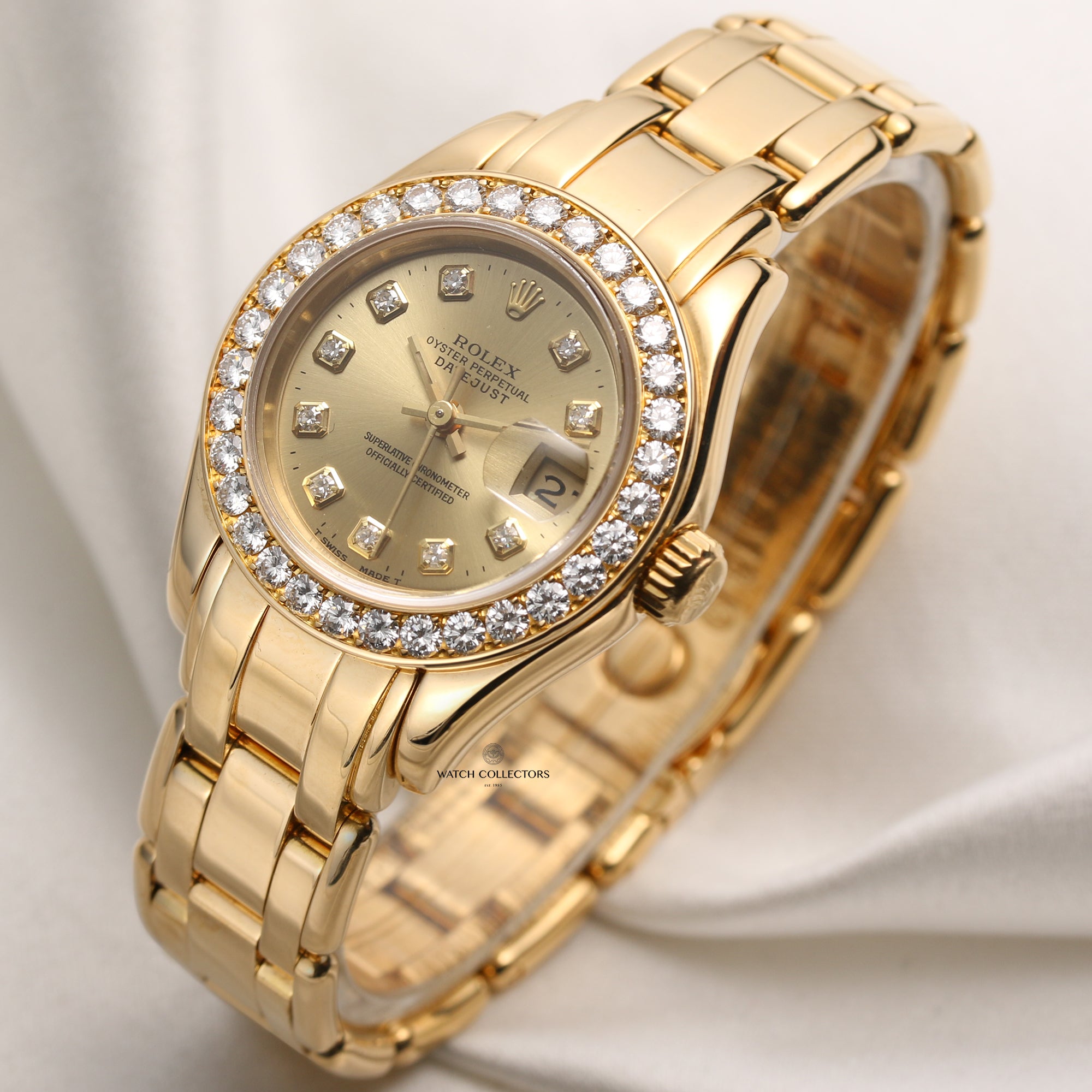 Rolex Lady DateJust Pearlmaster 69298 18K Yellow Gold Diamond Bezel Champagne Dial Second Hand Watch Collectors 3