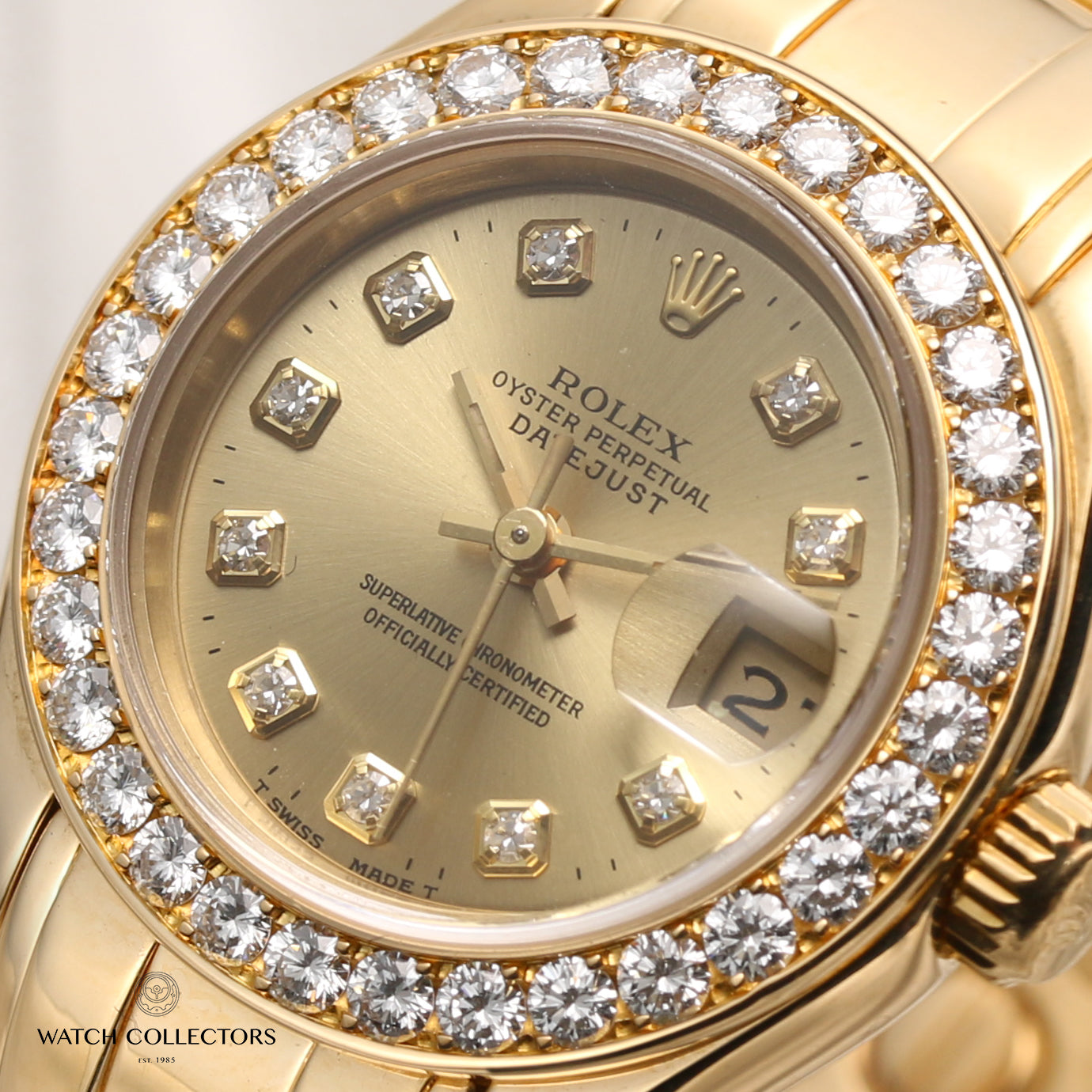 Rolex Lady DateJust Pearlmaster 69298 18K Yellow Gold Diamond Bezel Champagne Dial Second Hand Watch Collectors 4