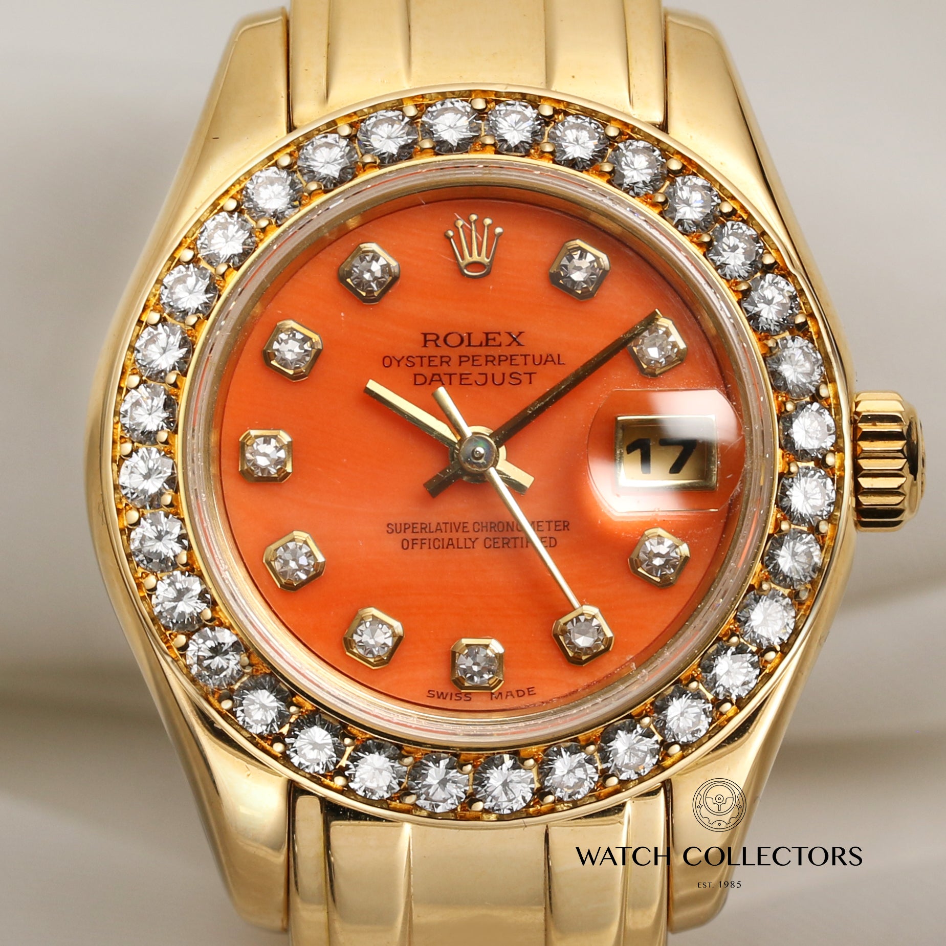 Rolex Lady DateJust Pearlmaster 69298 18K Yellow Gold Diamond Bezel Rare Coral Diamond Dial Second Hand Watch Collectors 2