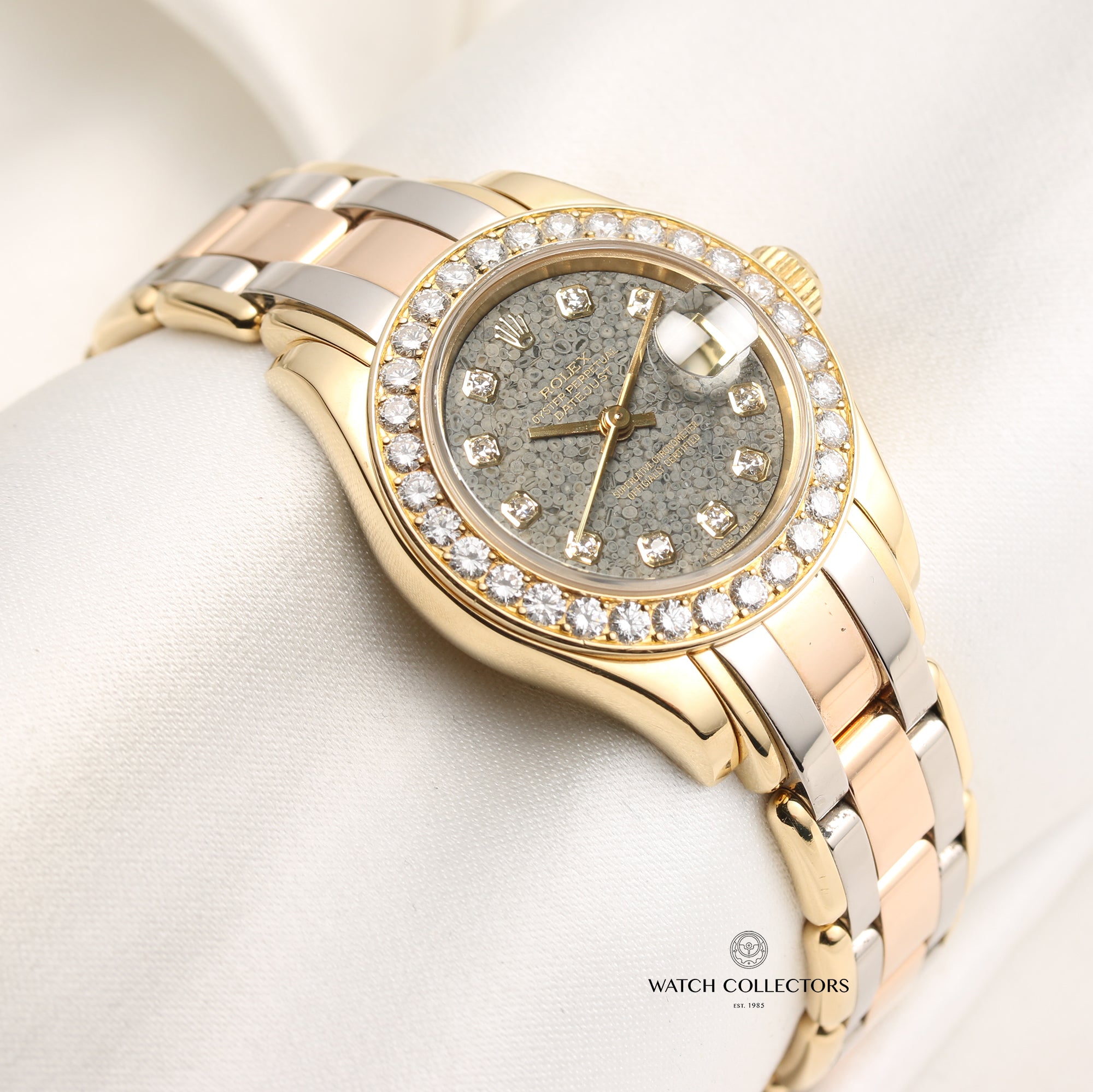 Rolex Lady DateJust Pearlmaster 69298 Fossil Dinosaur Egg Diamond Dial 18K Tridor Second Hand Watch Collectors 5
