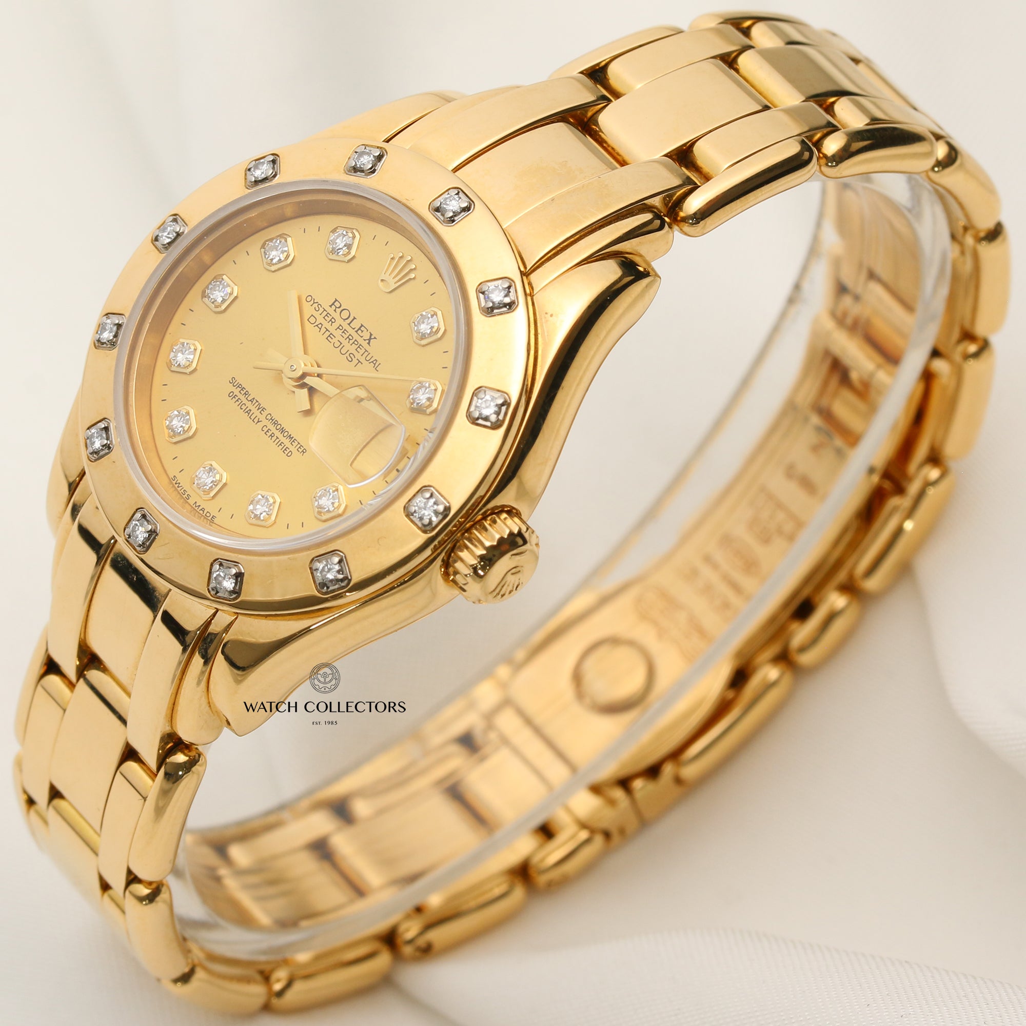 Rolex Lady DateJust Pearlmaster 69318 Champagne Diamond Dial 12 Point Diamond Bezel 18K Yellow Gold Second Hand Watch Collectors 3