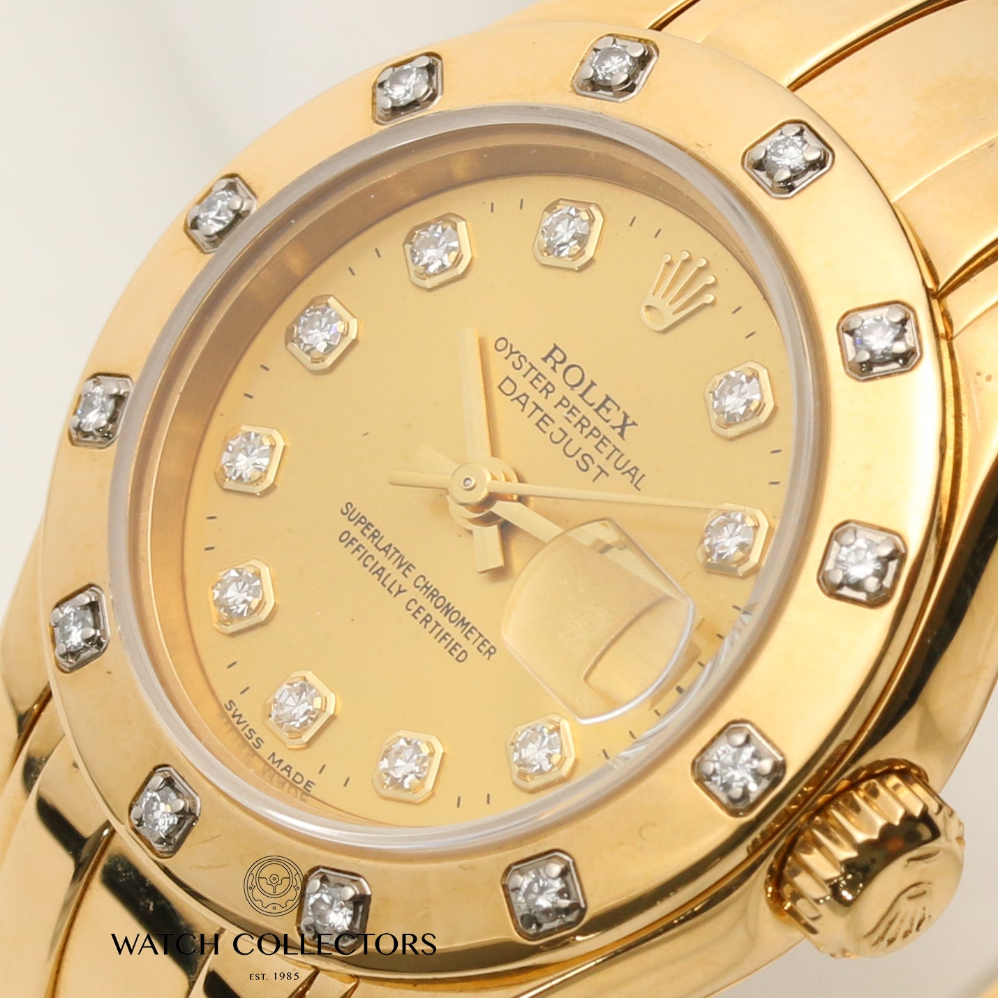 Rolex Lady DateJust Pearlmaster 69318 Champagne Diamond Dial 12 Point Diamond Bezel 18K Yellow Gold Second Hand Watch Collectors 4