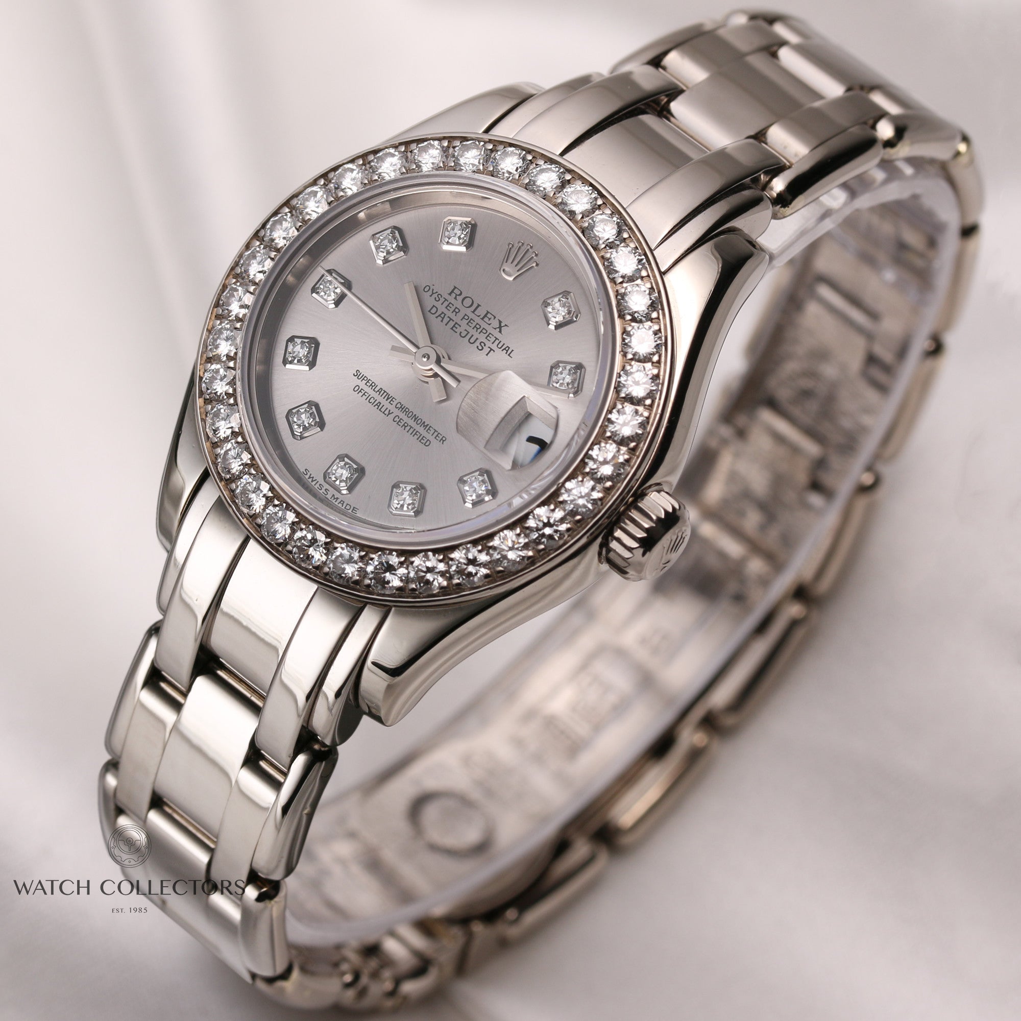 Rolex-Lady-DateJust-Pearlmaster-80299-18K-Silver-Diamond-Dial-Bezel-Second-Hand-Watch-Collectors-3