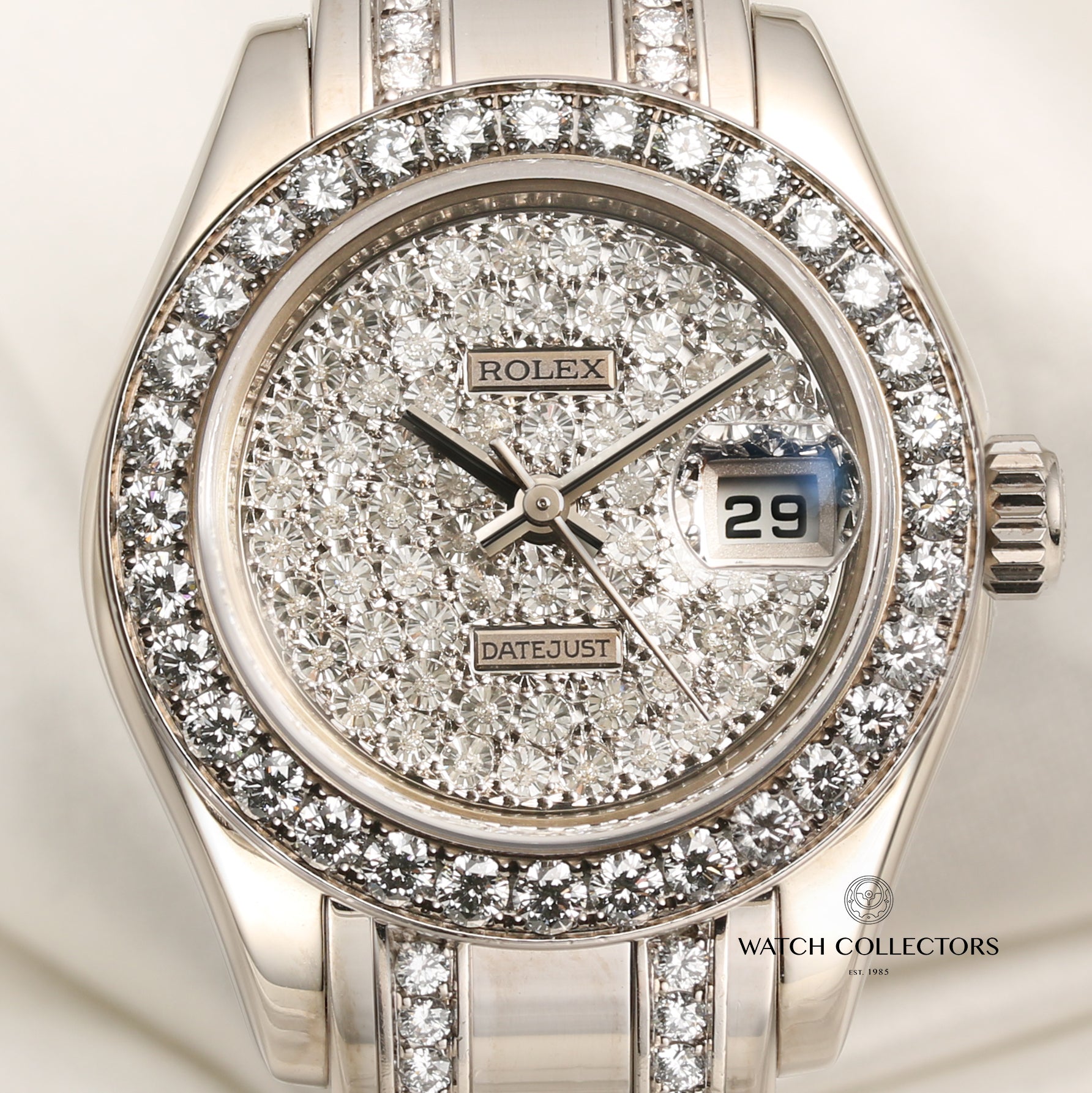 Rolex Lady DateJust Pearlmaster 80299 18K White Gold XL Diamond Pave Second Hand Watch Collectors 2