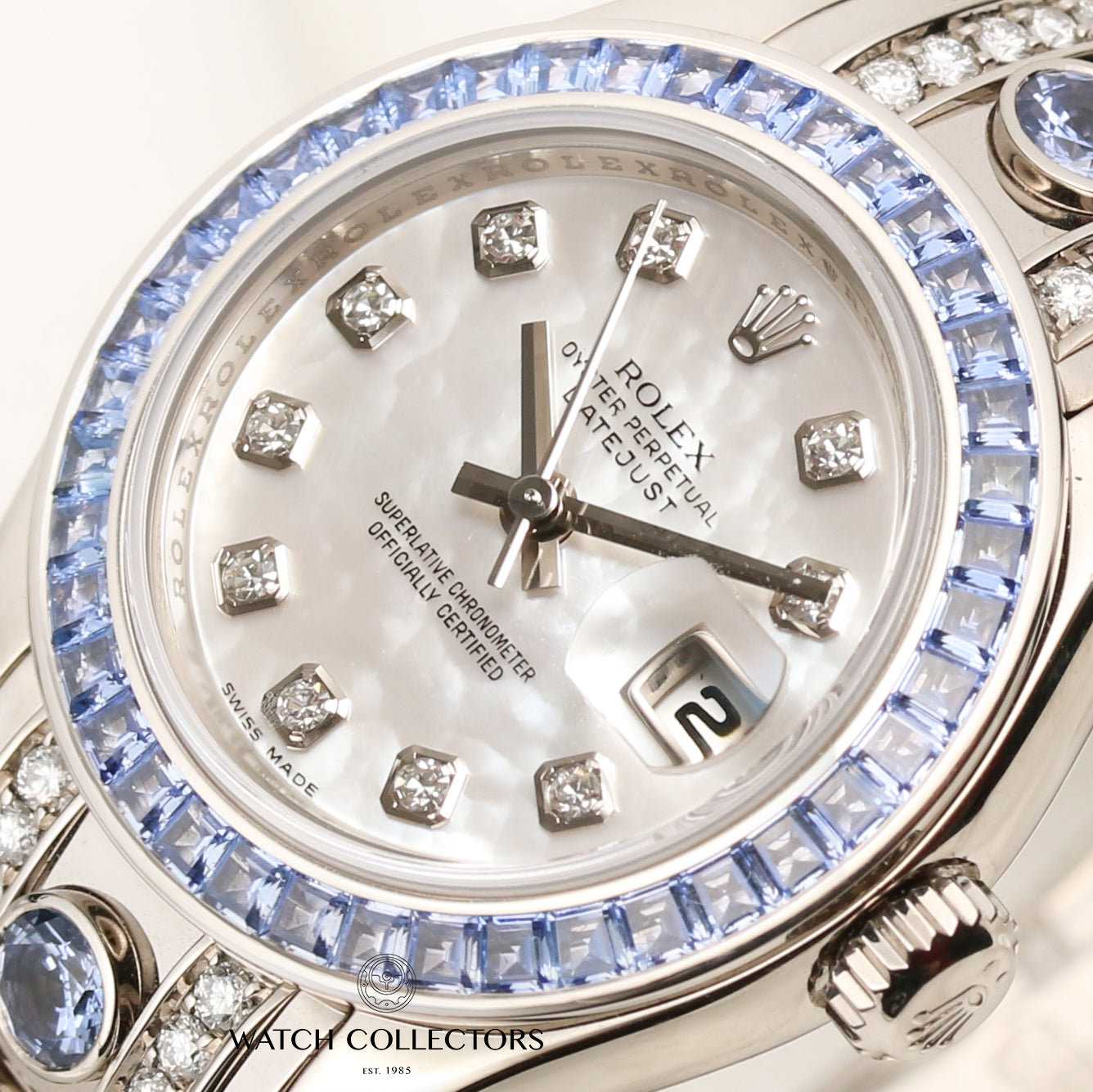 Rolex Lady DateJust Pearlmaster 80309 18K White Gold MOP Diamond Dial Sapphire Bezel & Diamond Bracelet Second Hand Watch Collectors 4