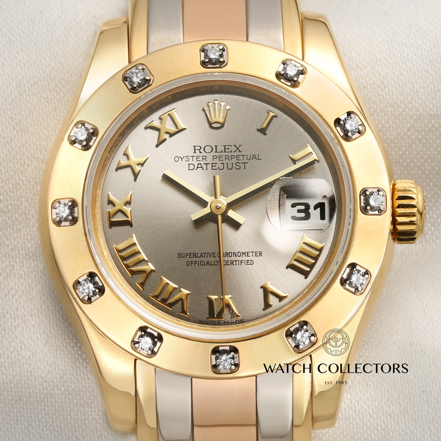 Rolex Lady DateJust Pearlmaster 80318 12 Point Diamond Bezel Tridor 18K Gold Second Hand Watch Collectors 2
