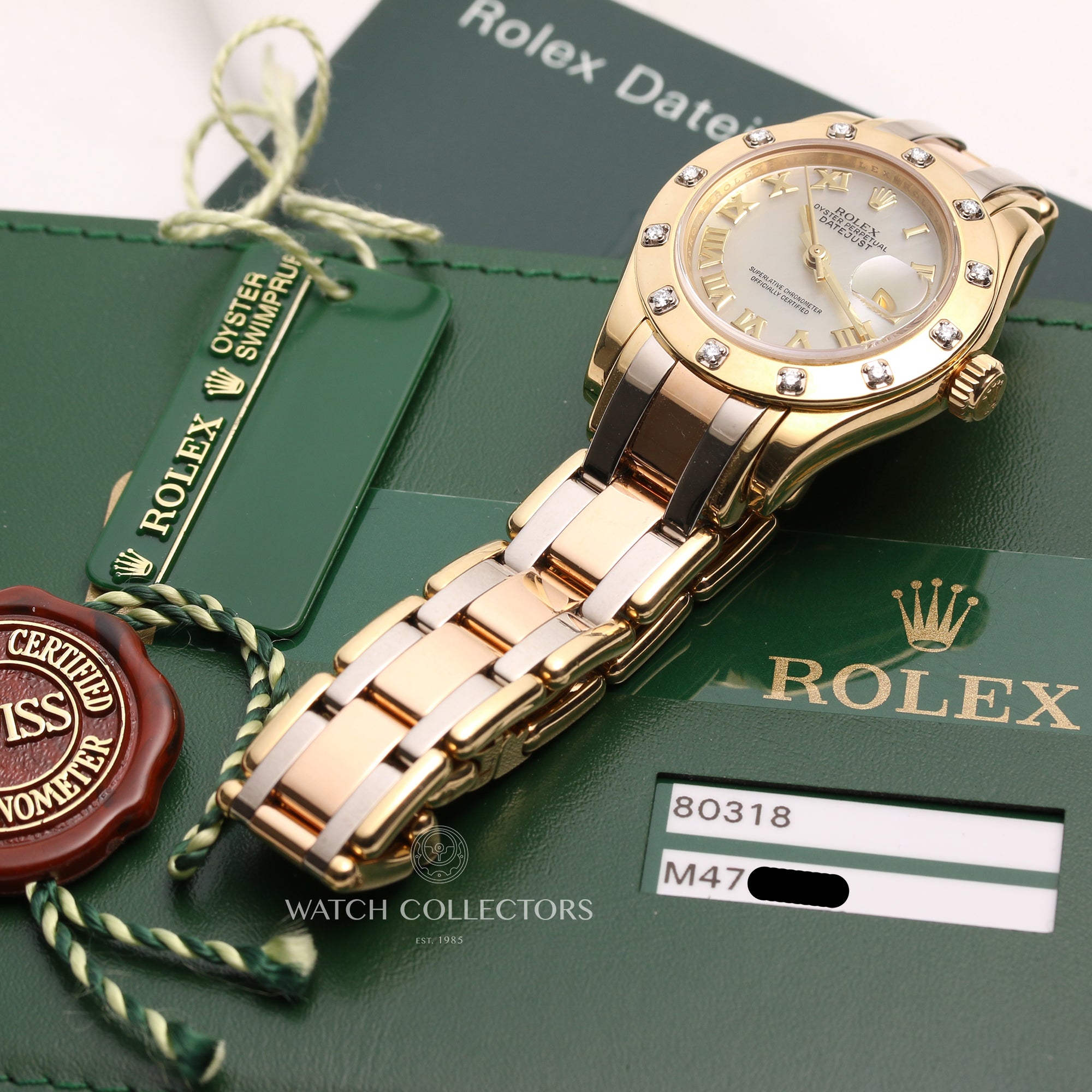 Rolex-Lady-DateJust-Pearlmaster-80318-18K-Tridor-12-Point-Diamond-Bezel-MOP-Dial-Second-Hand-Watch-Collectors-10