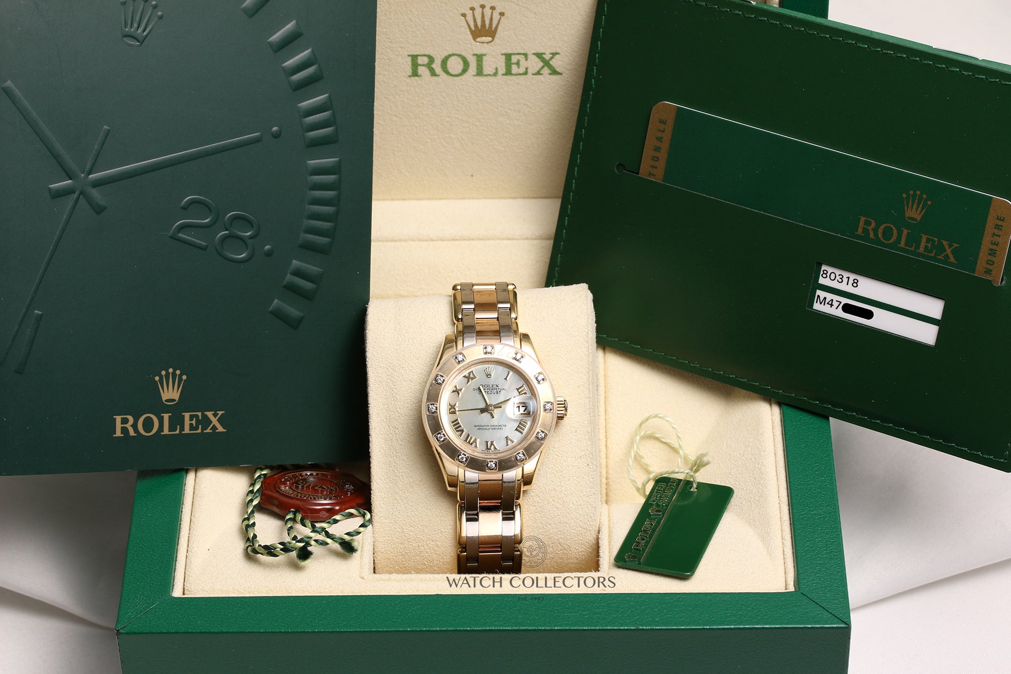 Rolex-Lady-DateJust-Pearlmaster-80318-18K-Tridor-12-Point-Diamond-Bezel-MOP-Dial-Second-Hand-Watch-Collectors-11