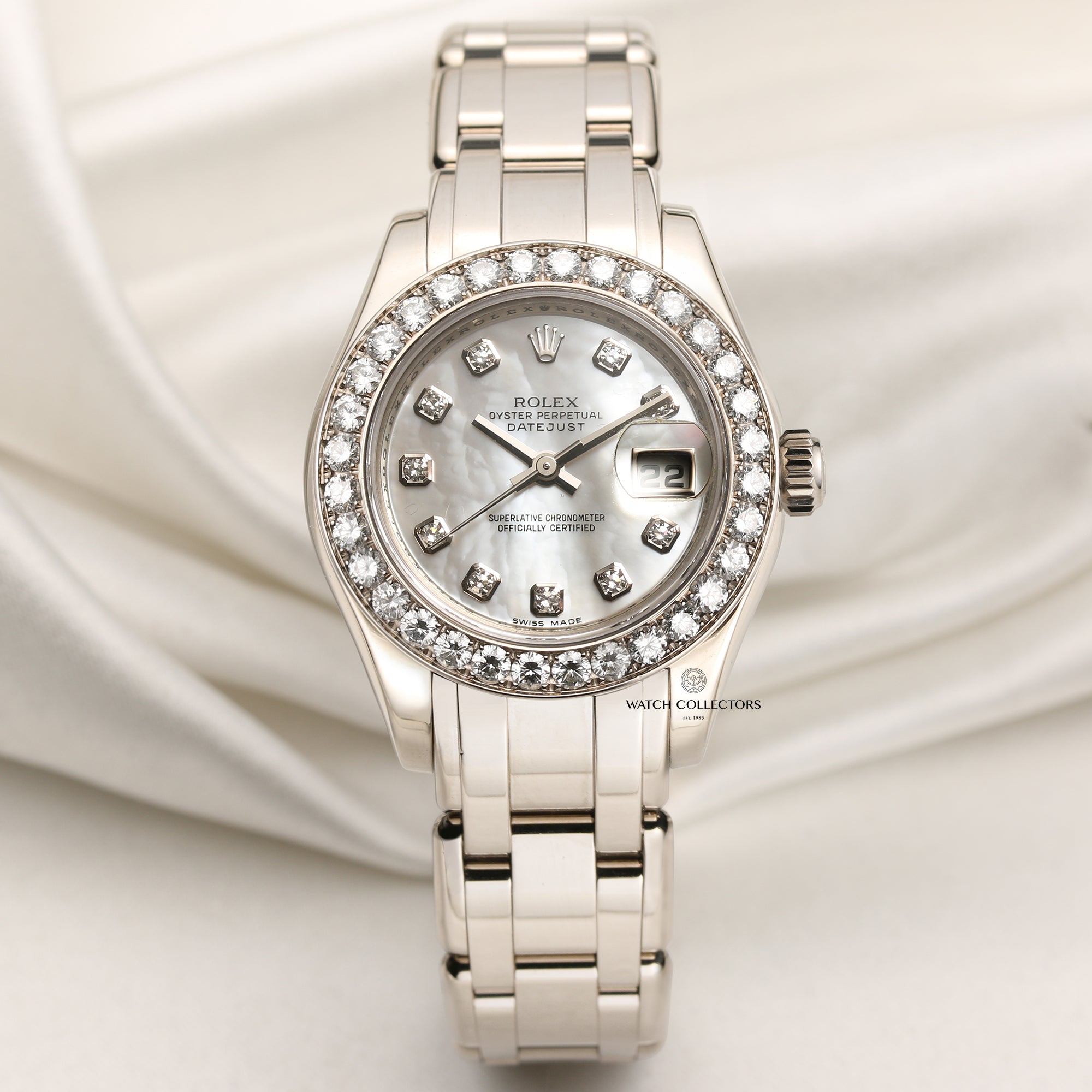 Rolex Lady DateJust Pearlmaster 80319 18K White Gold Diamond Bezel MOP Dial Second Hand Watch Collectors 1