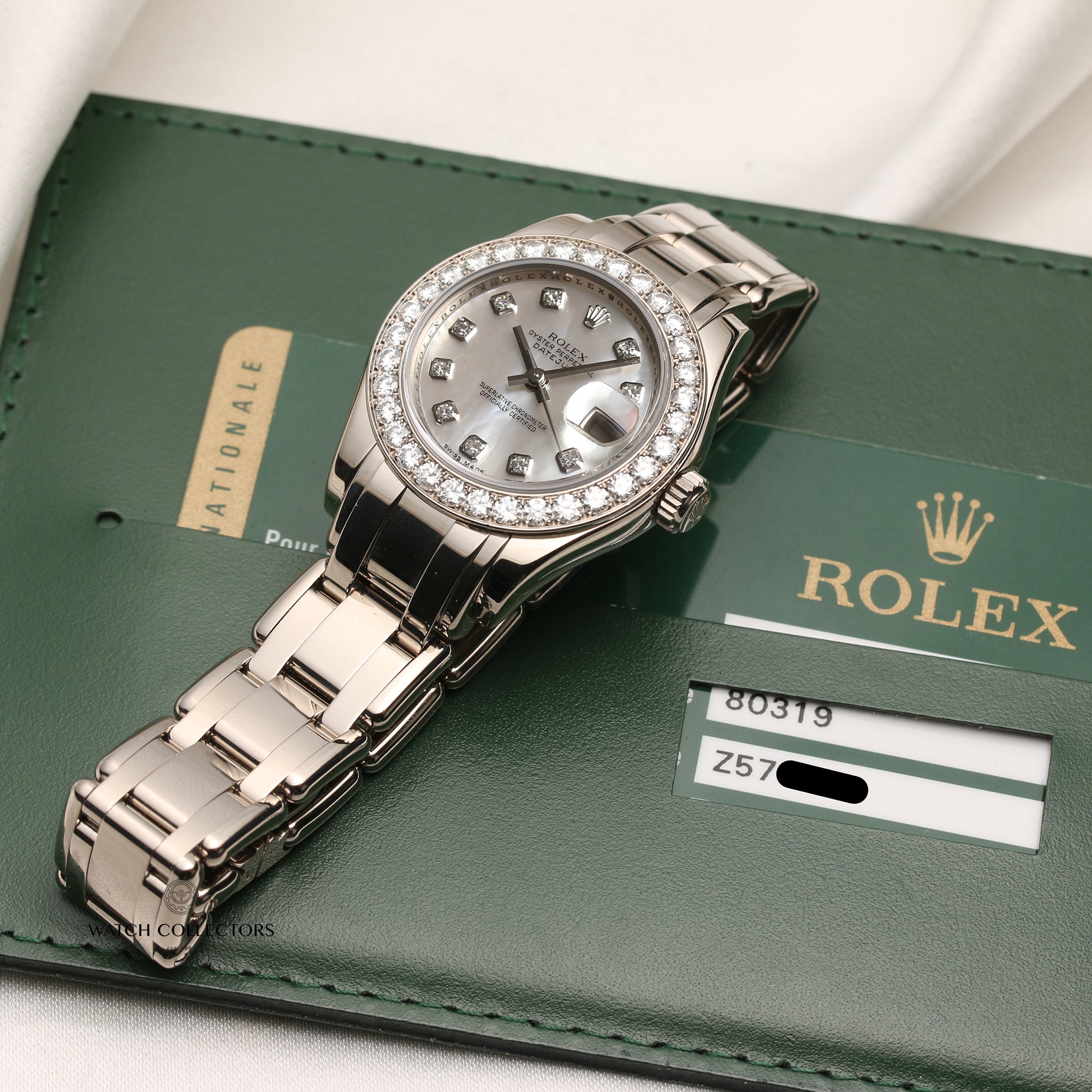 Rolex Lady DateJust Pearlmaster 80319 18K White Gold Diamond Bezel MOP Dial Second Hand Watch Collectors 11