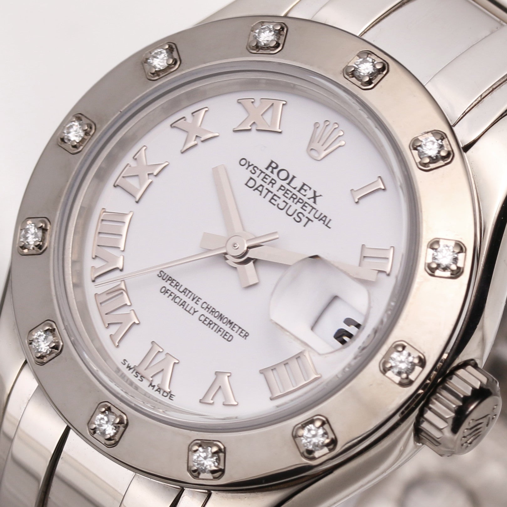 Rolex Lady DateJust Pearlmaster 80399 18K White Gold 12 point Diamond Bezel Second Hand Watch Collectors 4