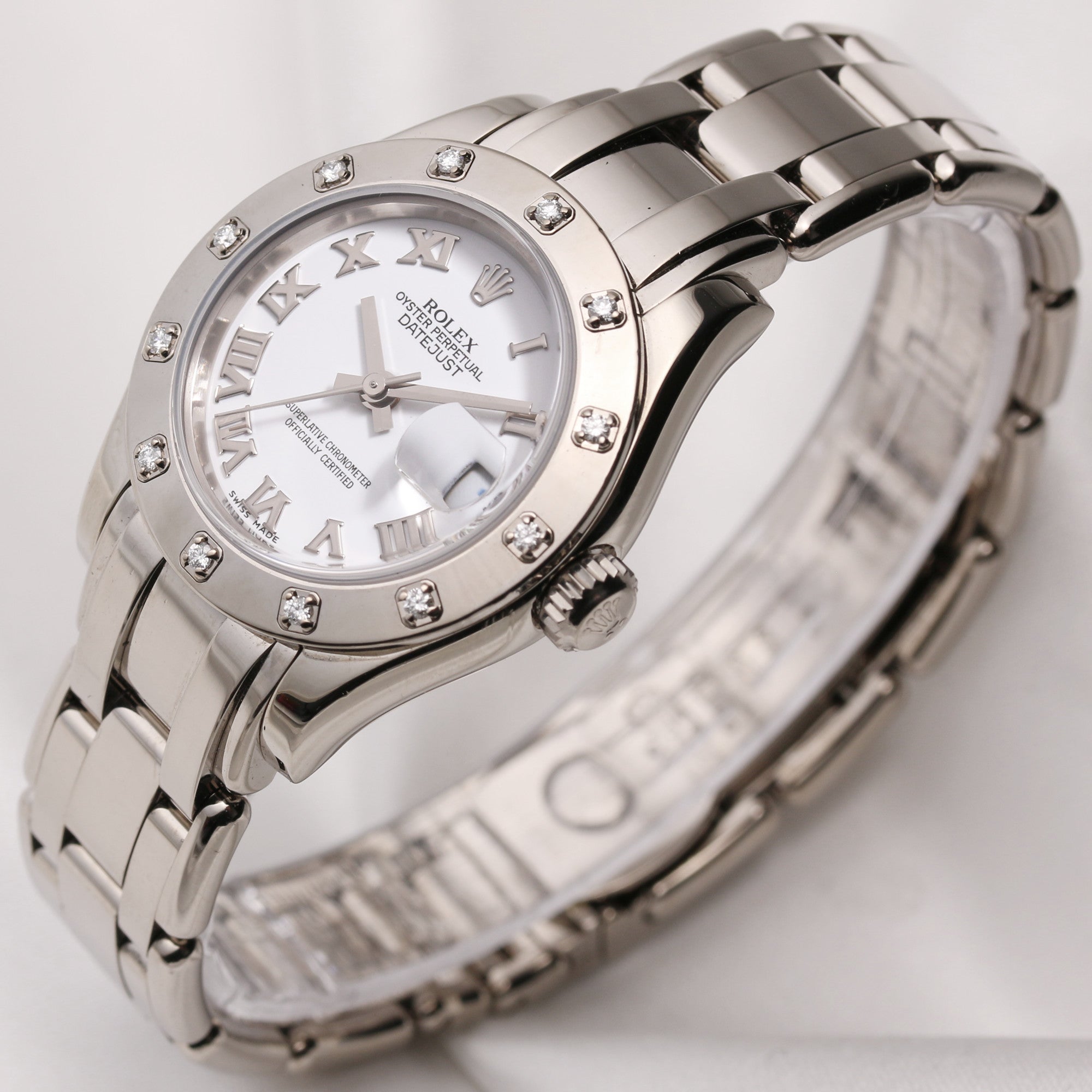 Rolex Lady DateJust Pearlmaster 80399 2 18K White Gold 12 point Diamond Bezel Second Hand Watch Collectors 3