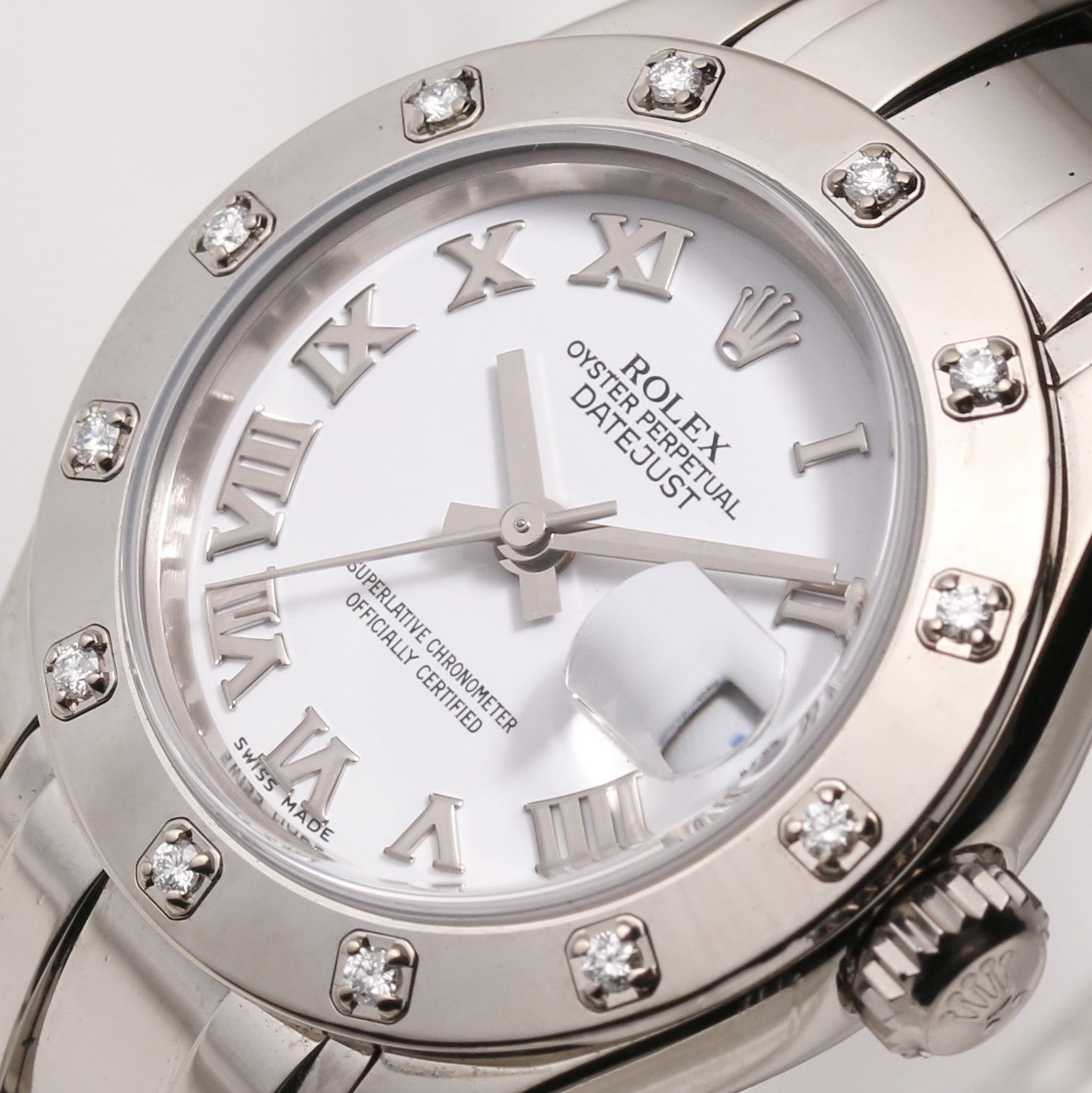 Rolex Lady DateJust Pearlmaster 80399 2 18K White Gold 12 point Diamond Bezel Second Hand Watch Collectors 4