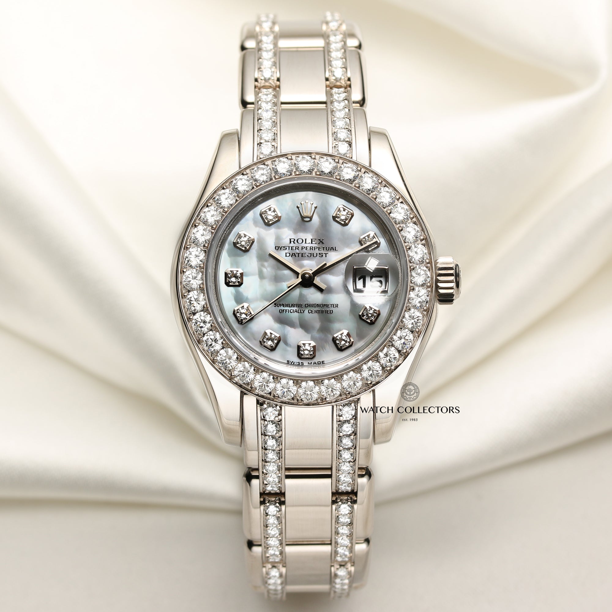 Rolex Lady DateJust Pearlmaster Diamond MOP 18K White Gold Second Hand Watch Collectors 1