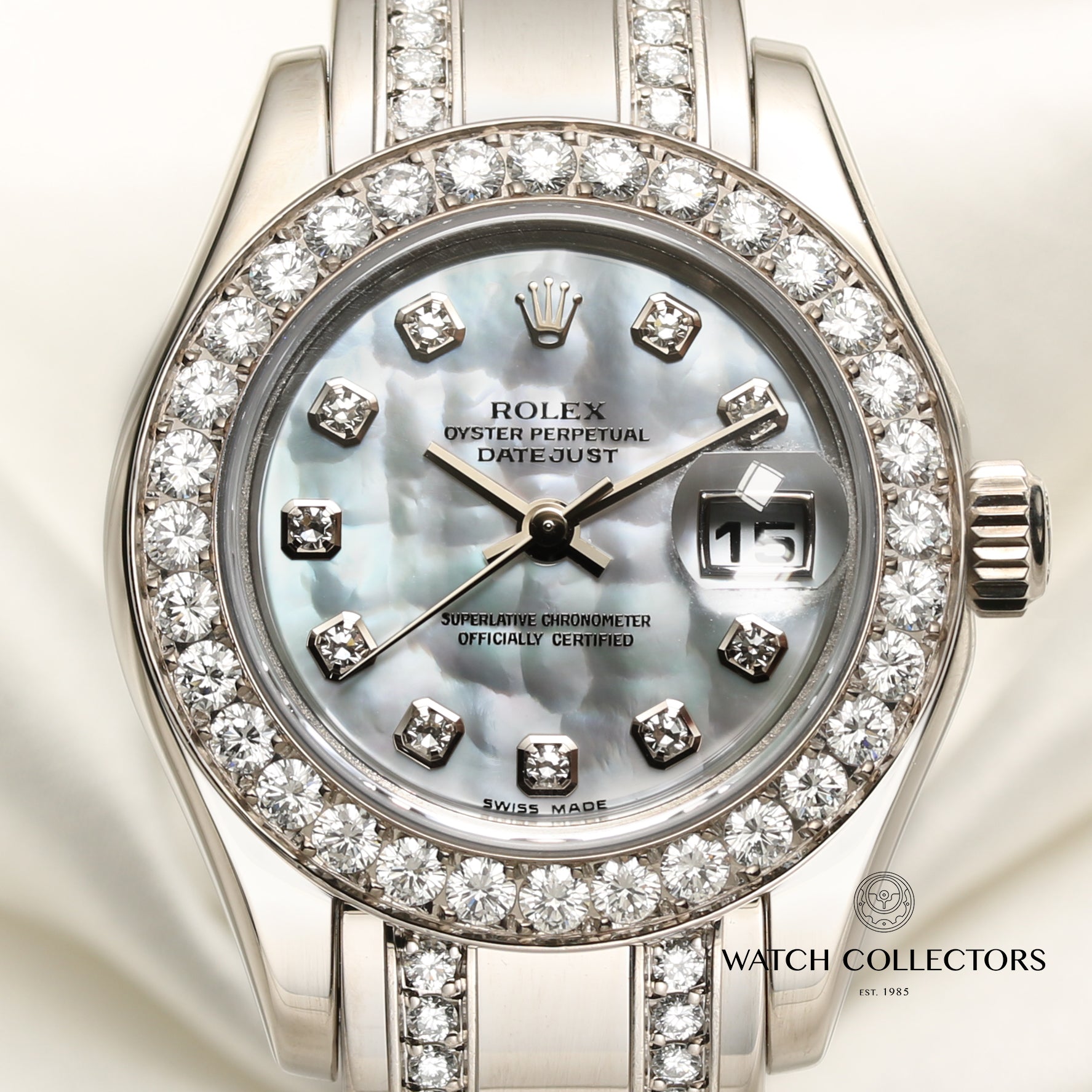 Rolex Lady DateJust Pearlmaster Diamond MOP 18K White Gold Second Hand Watch Collectors 2
