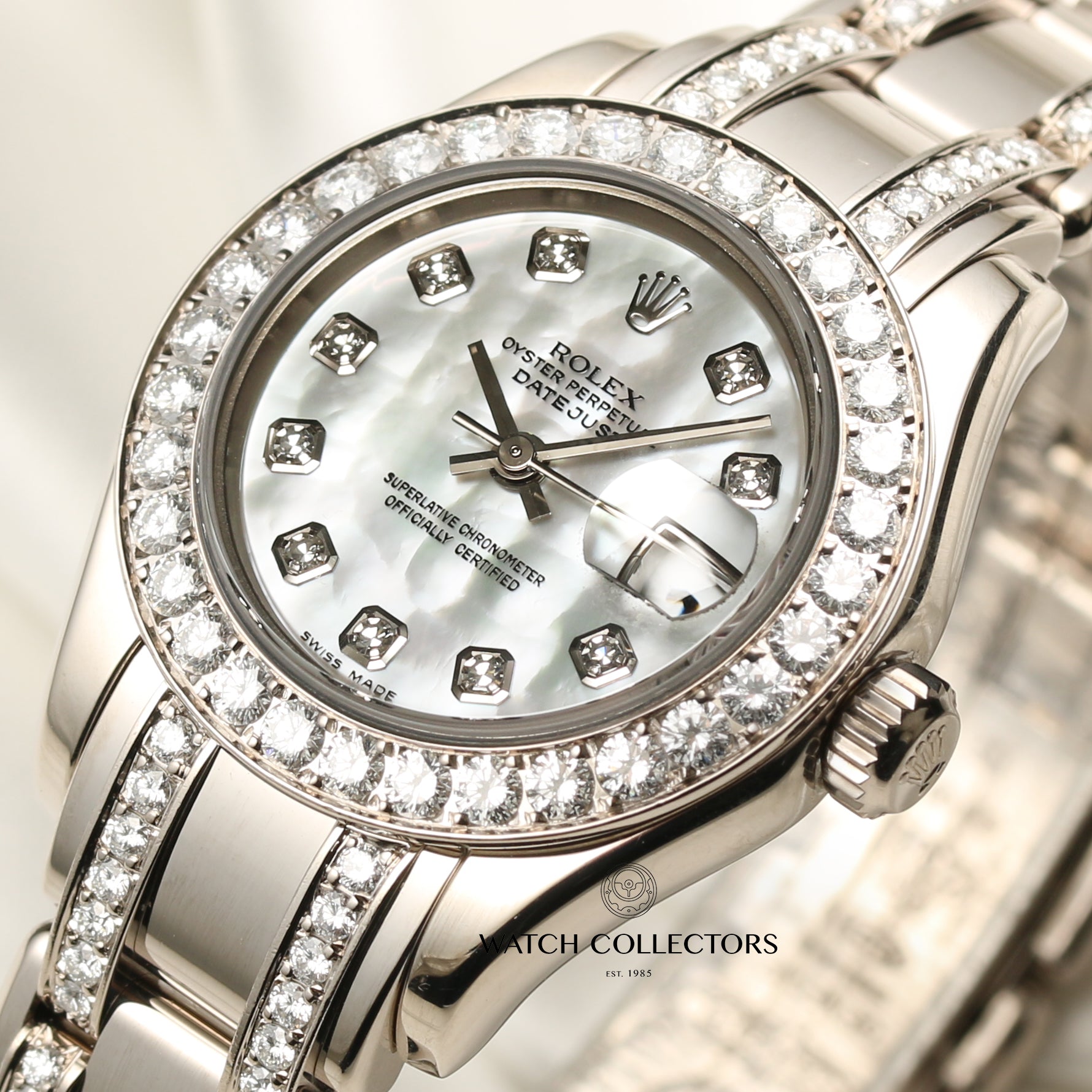 Rolex Lady DateJust Pearlmaster Diamond MOP 18K White Gold Second Hand Watch Collectors 4