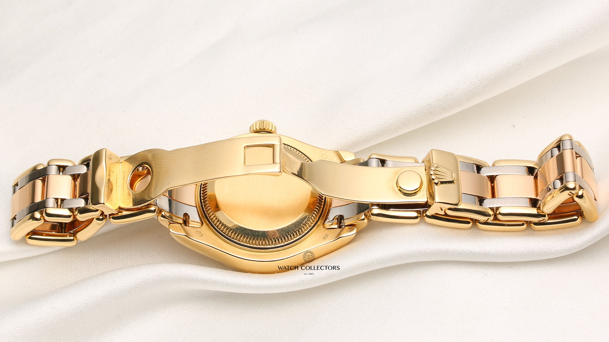 Rolex Lady DateJust Pearlmaster Tridor 12 Point Diamond Bezel 18K Gold Second Hand Watch Collectors 8