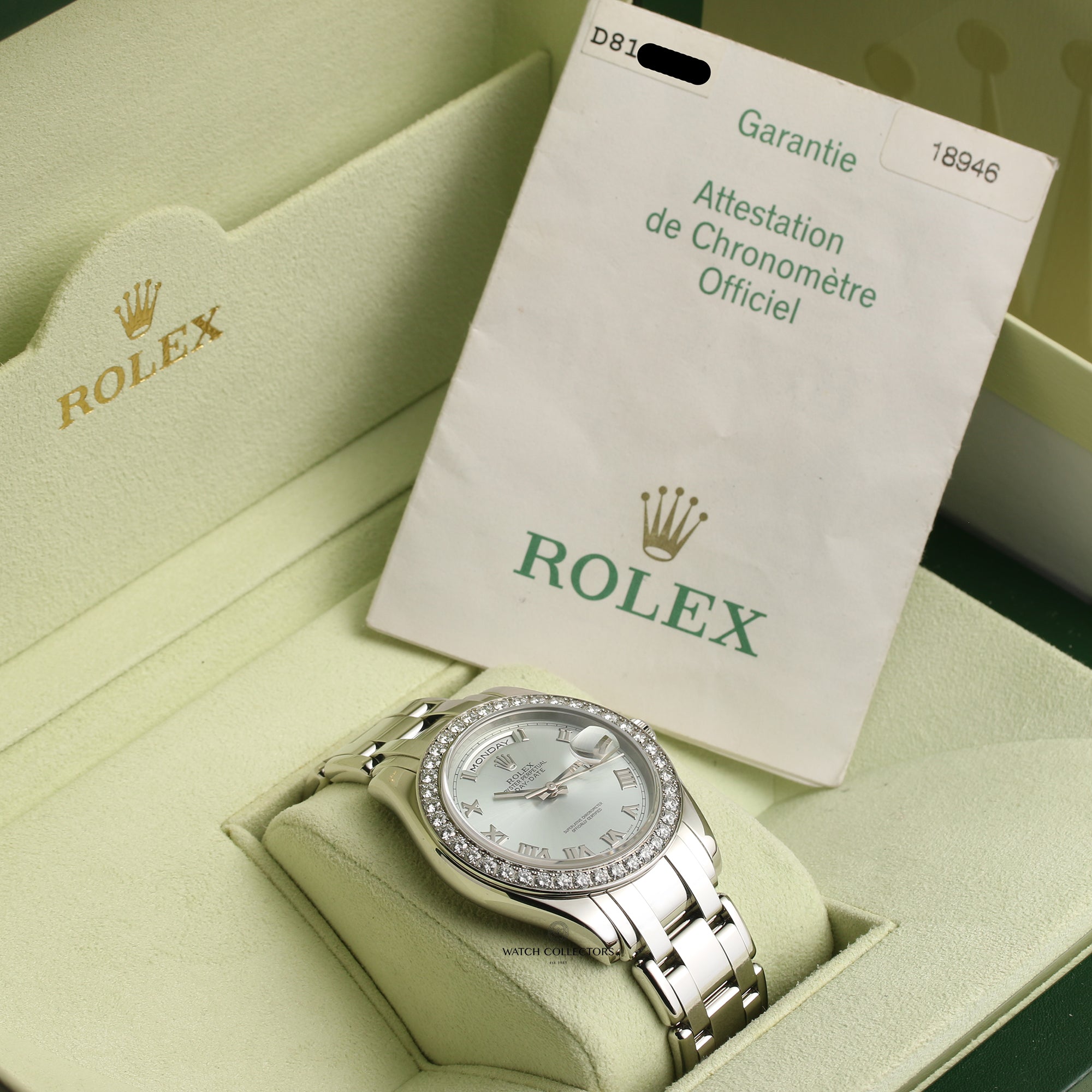 Rolex Masterpiece Day-Date Pearlmaster 18946 Platinum Diamond Bezel Ice Dial Second Hand Watch Collectors 12