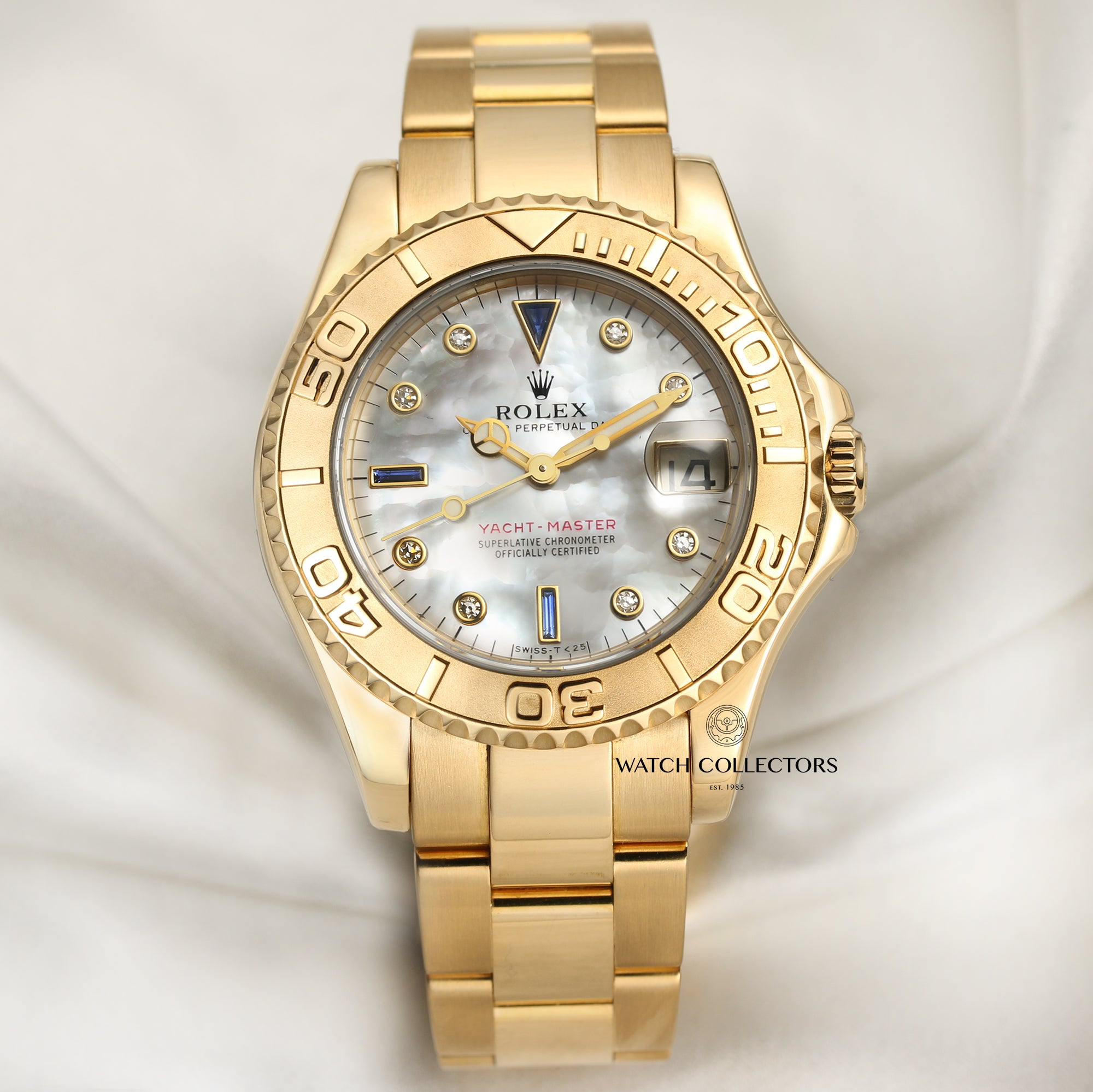 Rolex Yacht-Master Midsize 68628 18k Yellow Gold Mother of Pearl Diamond  Sapphire Dial