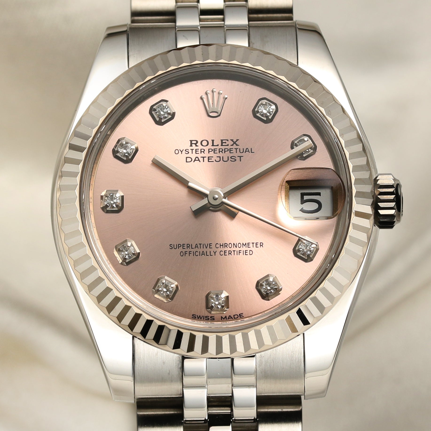 Rolex Midsize 178274 Stainless Steel 18K White Gold Bezel Pink Diamond Dial Second Hand Watch Collectors 2