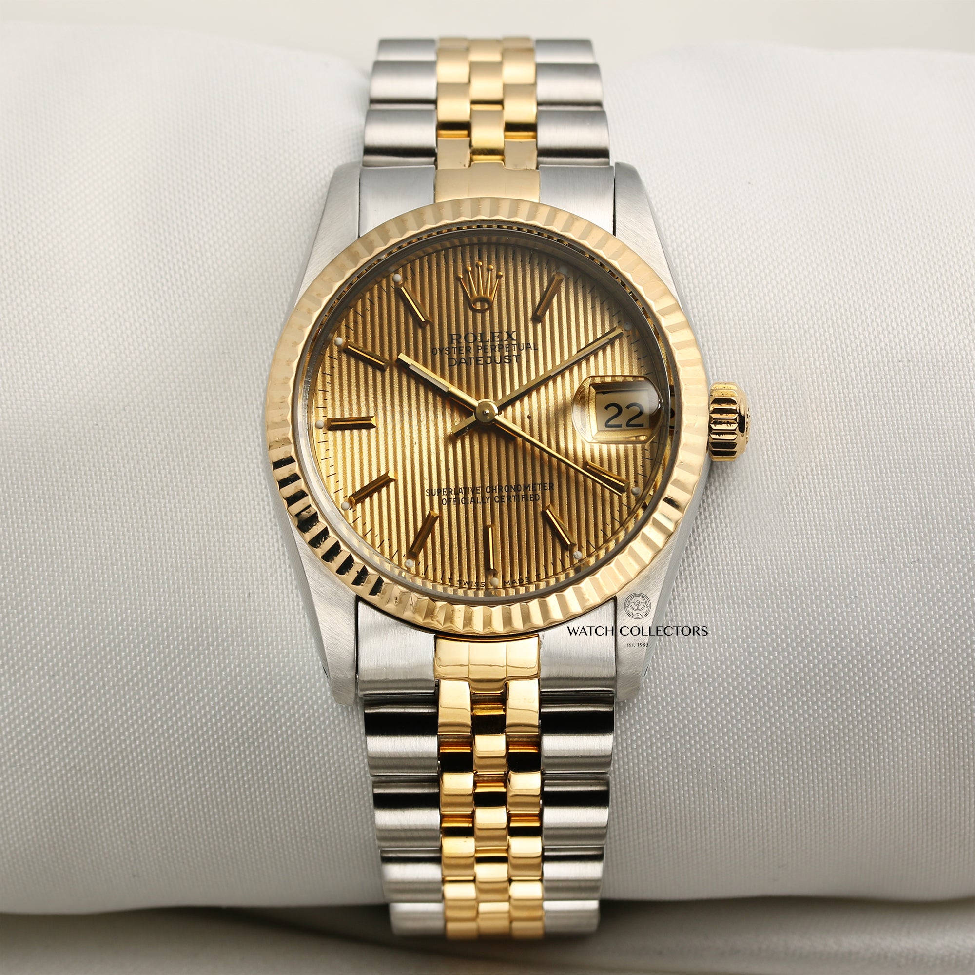 Rolex Midsize DateJust Tapestry Dial Steel & Gold Second Hand Watch Collectors 1