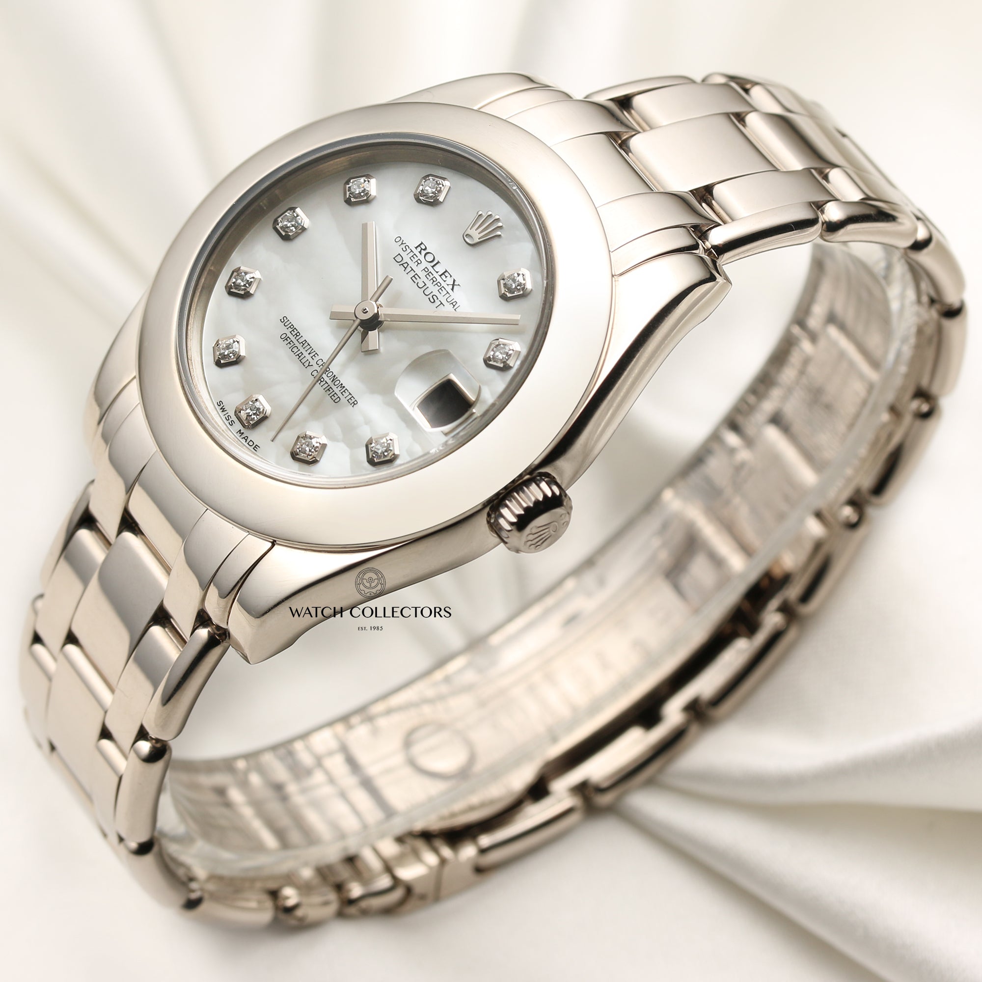 Rolex Midsize Pearlmaster 18K White Gold Diamond MOP Second Hand Watch Collectors 3
