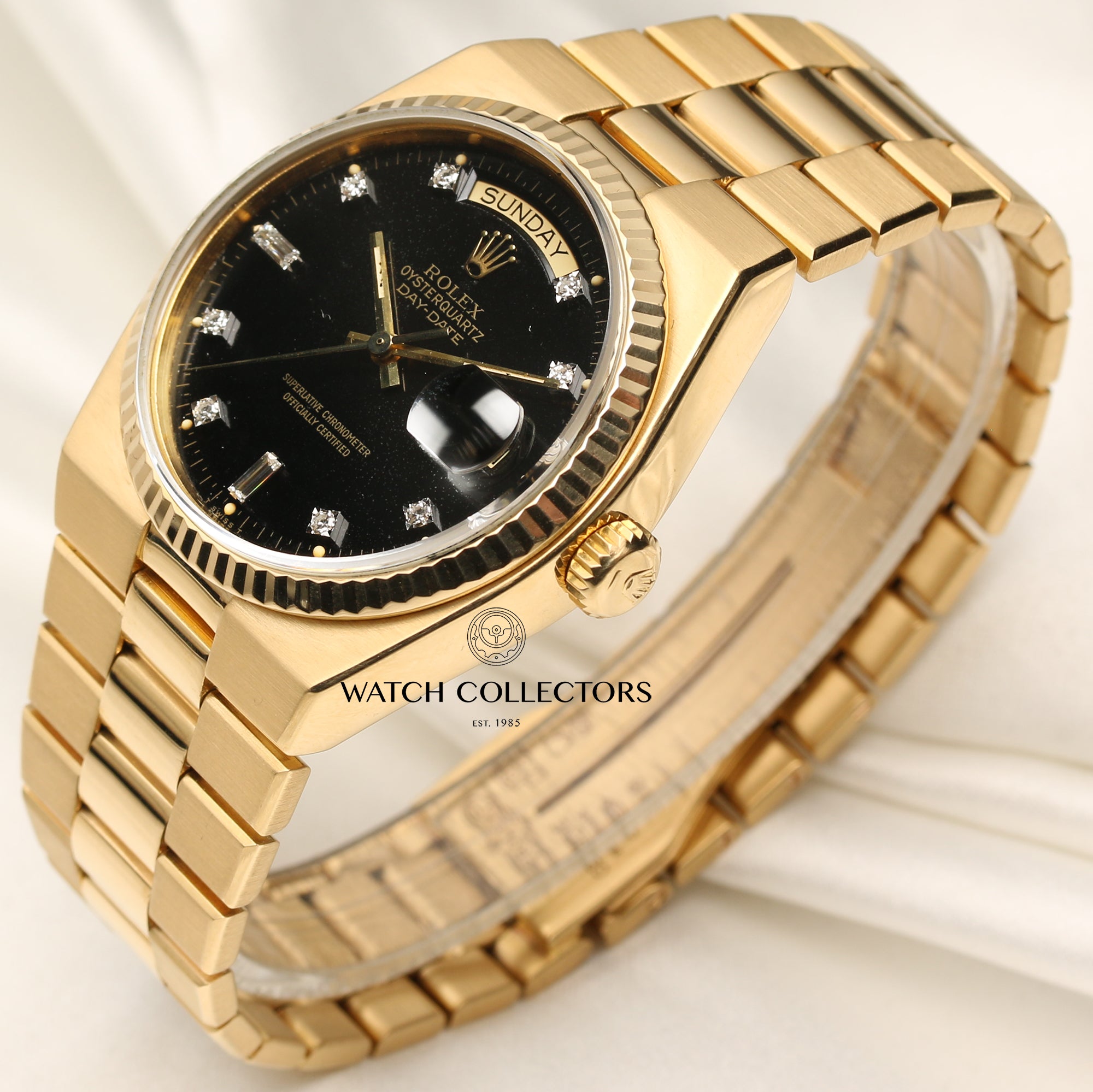 Rolex Oyster Quartz Day-Date 18K Yellow Gold Black Diamond Dial Second Hand Watch Collectors 3