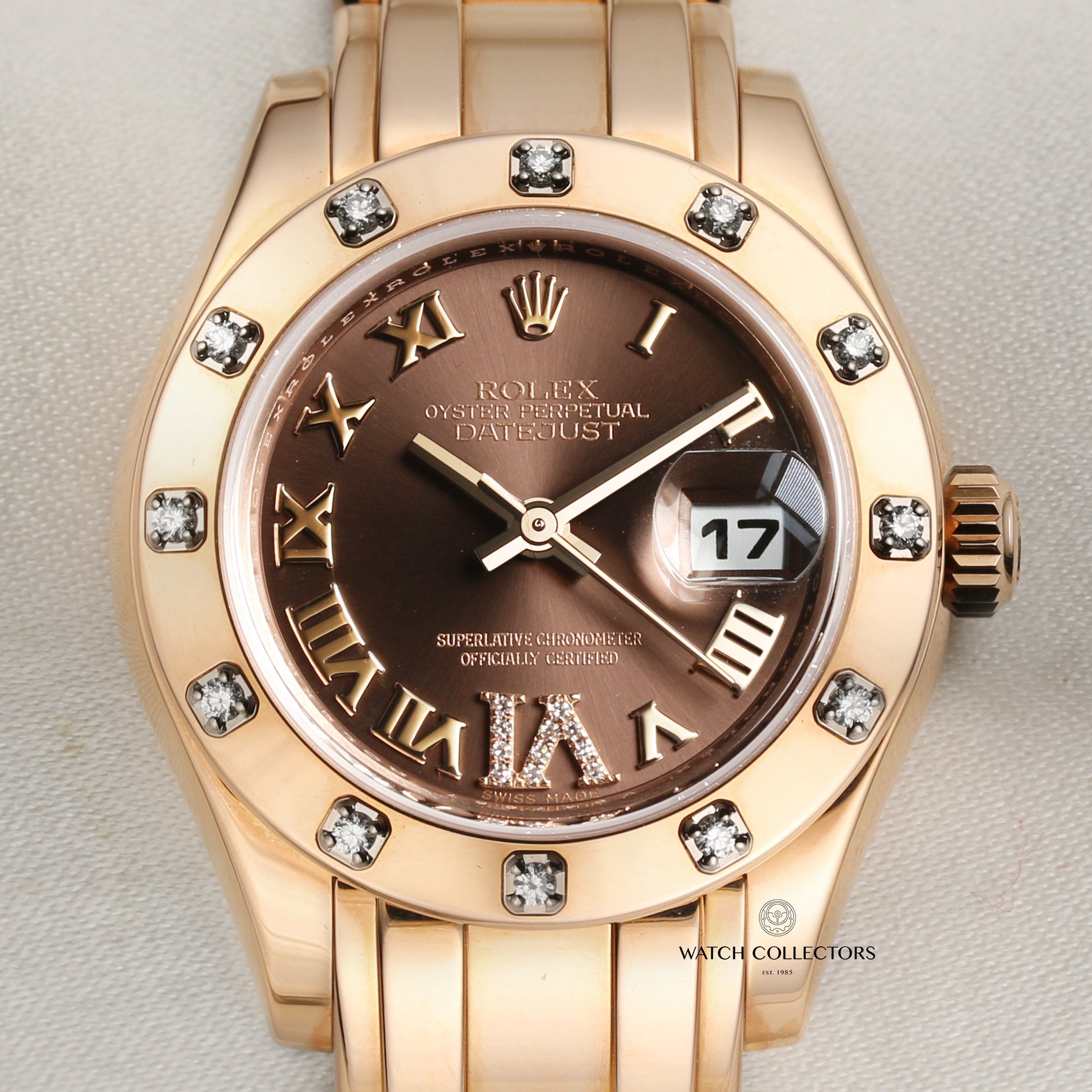 Rolex Pearlmaster 18K Rose Gold Chocolate Dial Diamond Bezel Second Hand Watch Collectors 2