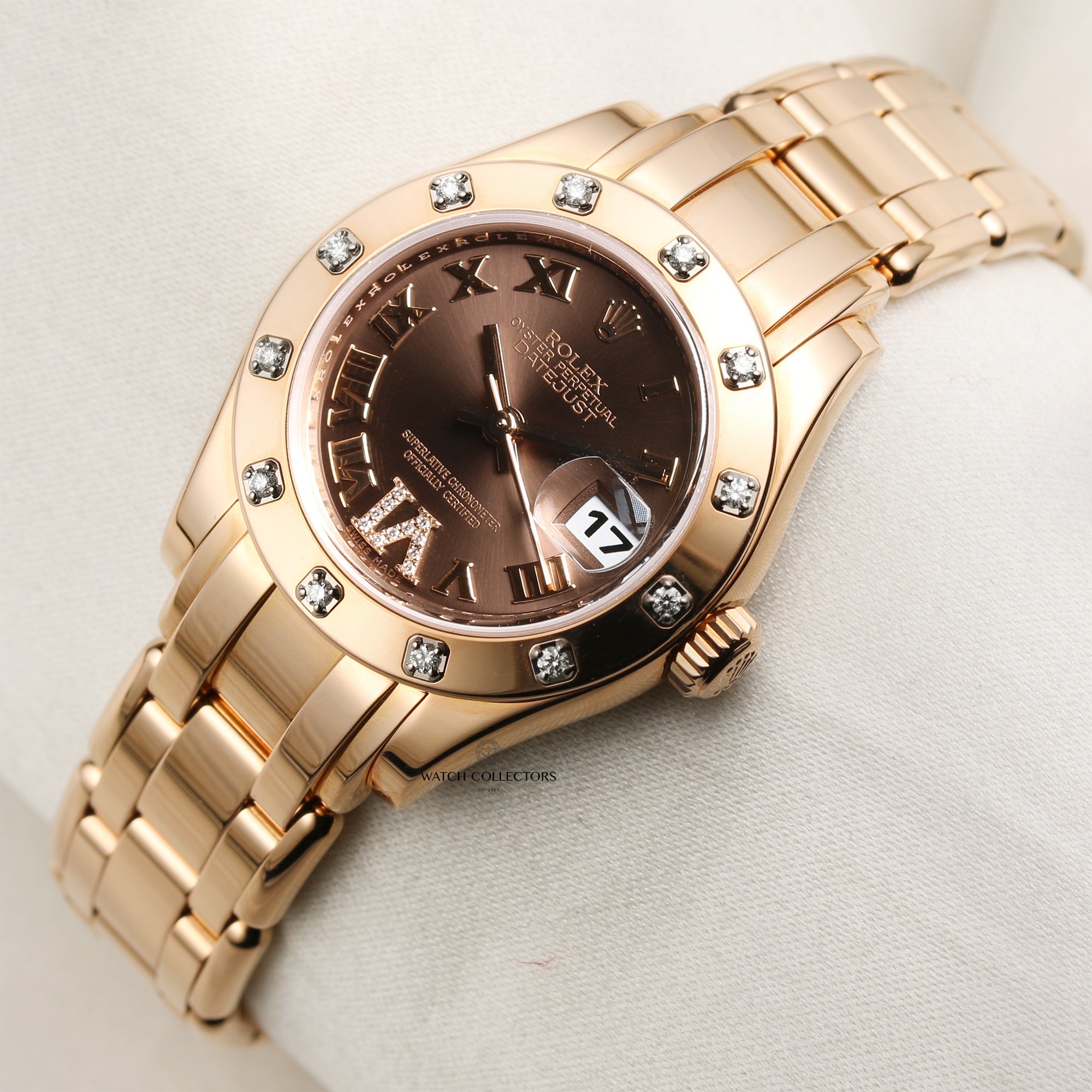 Rolex Pearlmaster 18K Rose Gold Chocolate Dial Diamond Bezel Second Hand Watch Collectors 3